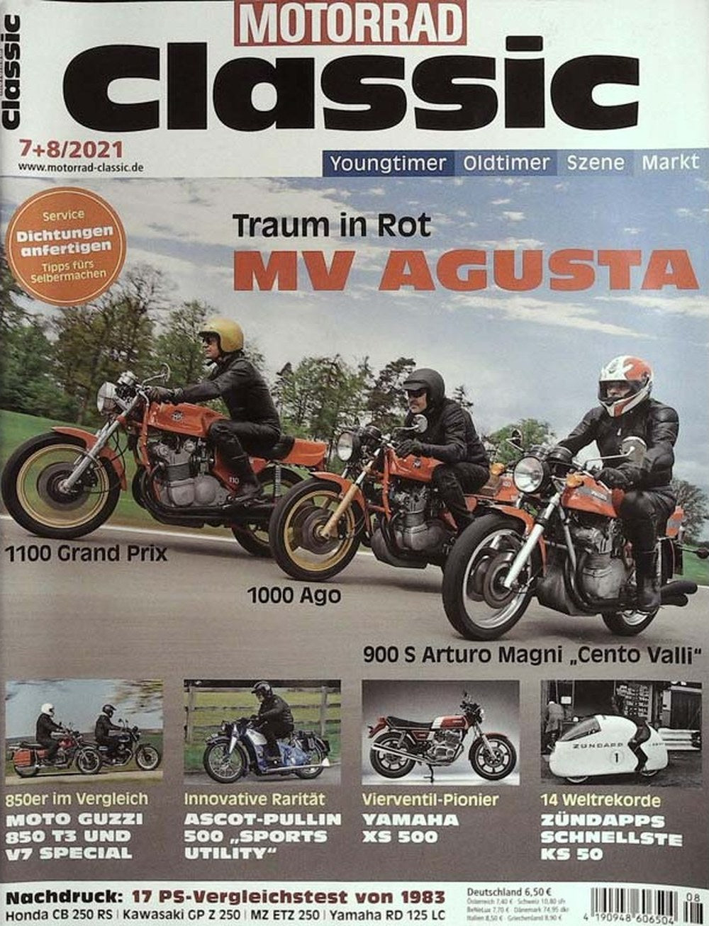 Motorrad Classic Magazin Deutschland 2021-08 MV Agusta Moto Guzzi Ascot-Pullin Yamaha Zündapp