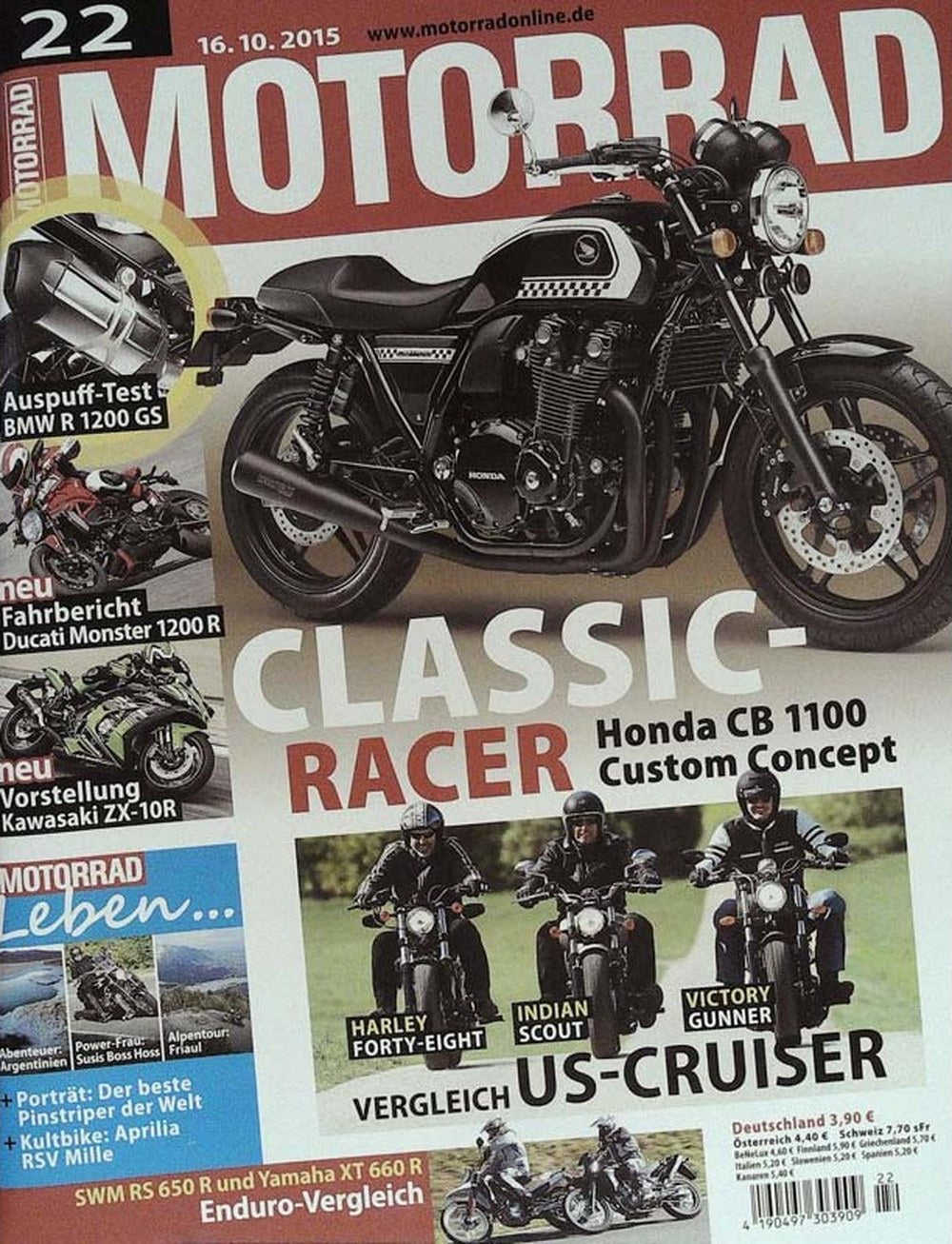 Motorrad Magazin Deutschland 2015-22 Honda CB 1100 Custom Concept Classic Racer BMW R 1200 GS Auspuff-Test
