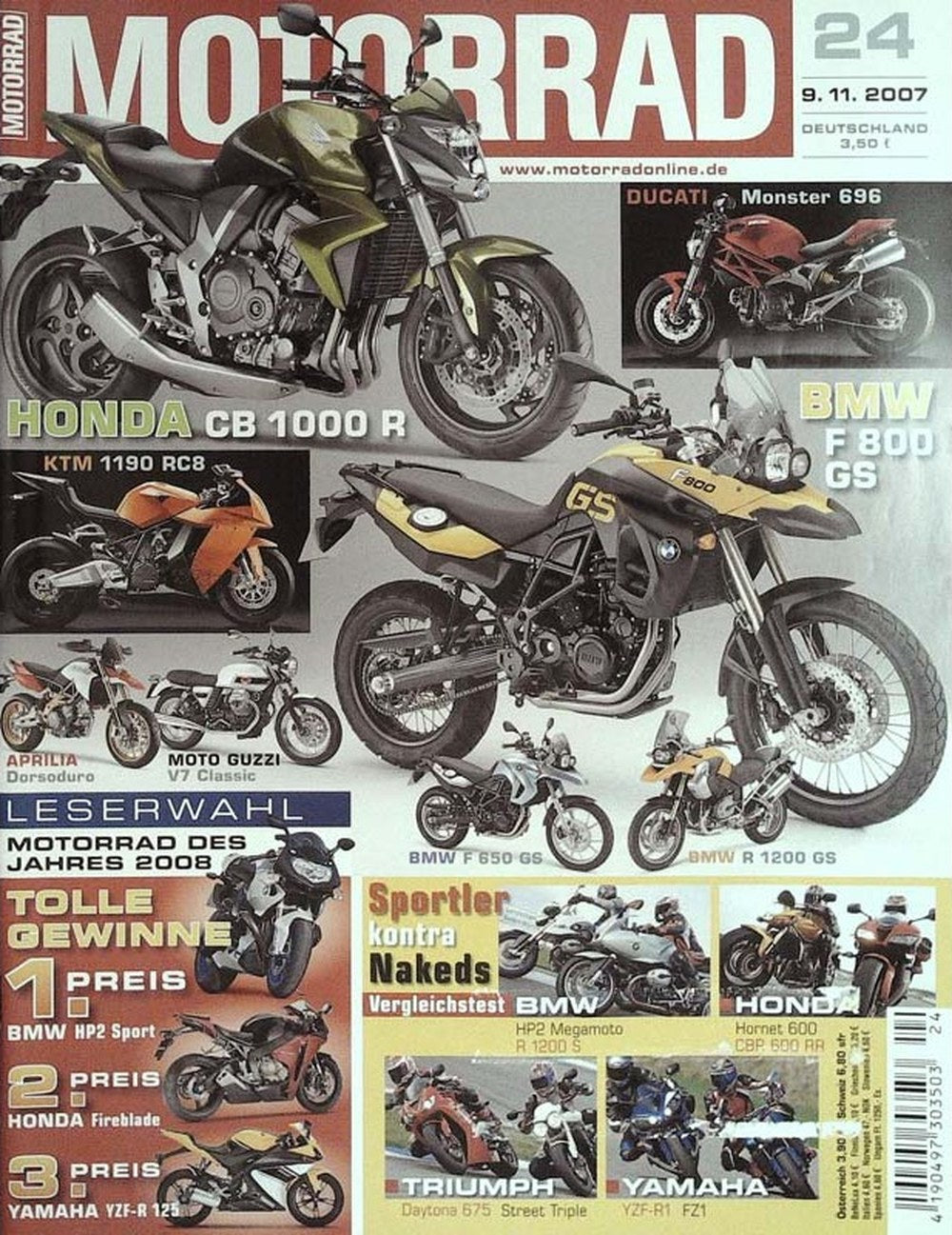 Motorrad Magazin Deutschland 2007-24 Motorräder Honda CB 1000 R Ducati Monster 696
