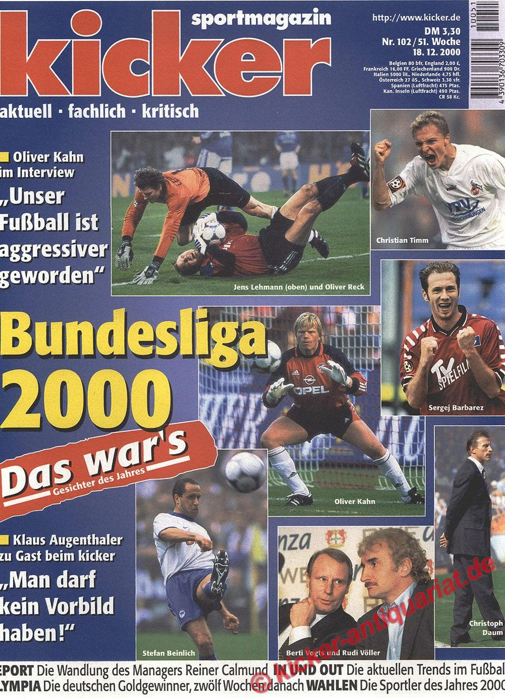 Kicker Magasin Tyskland 2000 Oliver Kahn Jens Lehmann Oliver Reck Christian Timm Sergej Barbarez Originalutgåva
