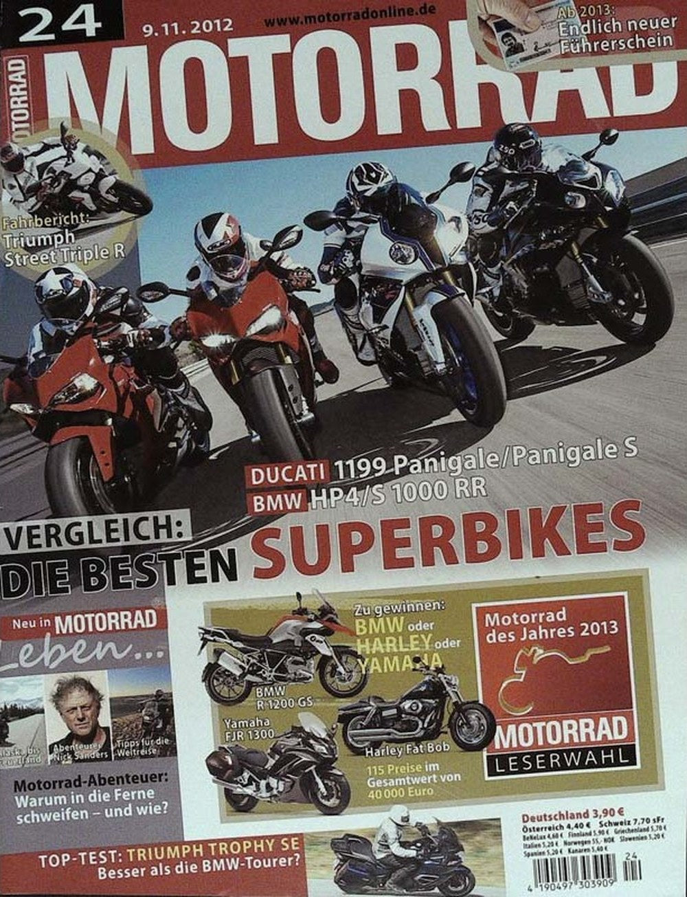 Motorrad Magazin Deutschland 2012-24 Ducati 1199 Panigale BMW HP4/S 1000 RR Triumph Street Triple R BMW R 1200 GS Yamaha FJR 1300