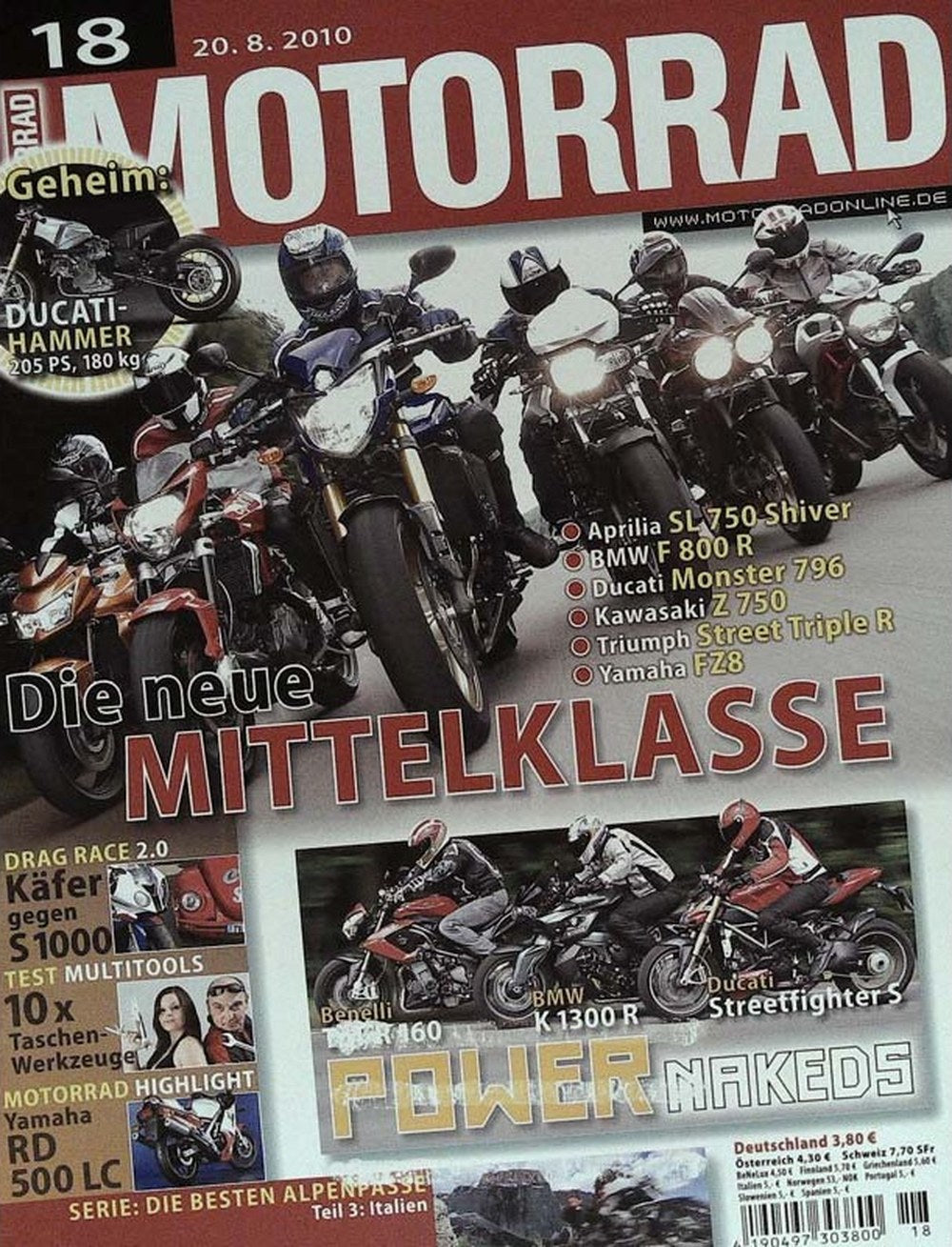 Motorrad Magazin Deutschland 2010-18 Aprilia SL 750 Shiver BMW F 800 R Ducati Monster 796 Kawasaki Z 750 Triumph Street Triple R