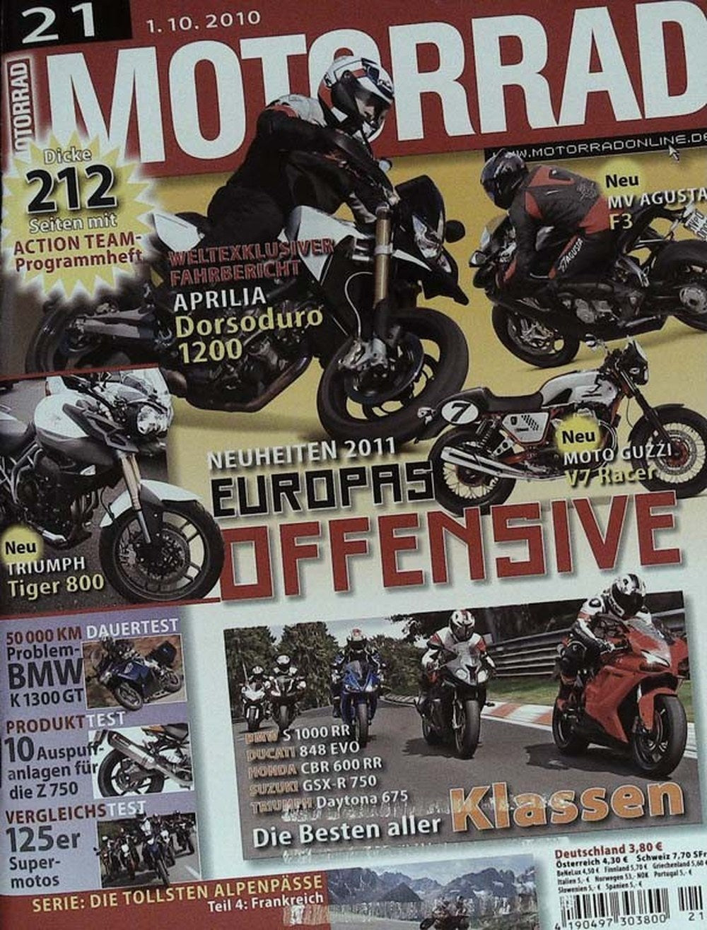 Motorrad Magazin Deutschland 2010-21 Aprilia Dorsoduro 1200 Triumph Tiger 800 Moto Guzzi V7 Racer MV Agusta F3 BMW K 1300 GT