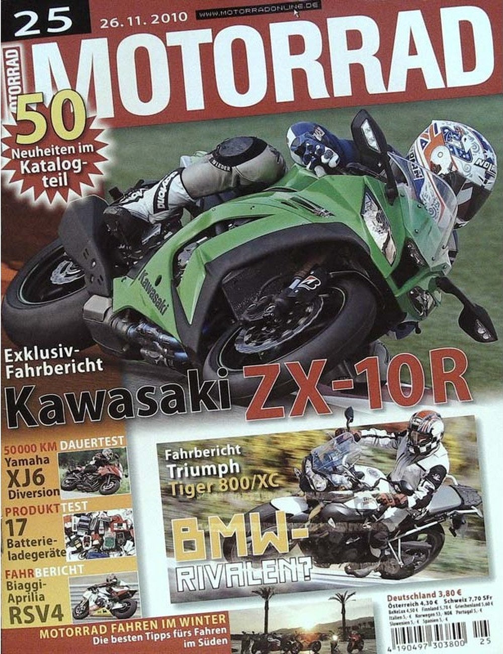 Motorrad Magazin Deutschland 2010-25 Kawasaki ZX-10R Triumph Tiger 800/XC Yamaha XJ6 Diversion Aprilia RSV4