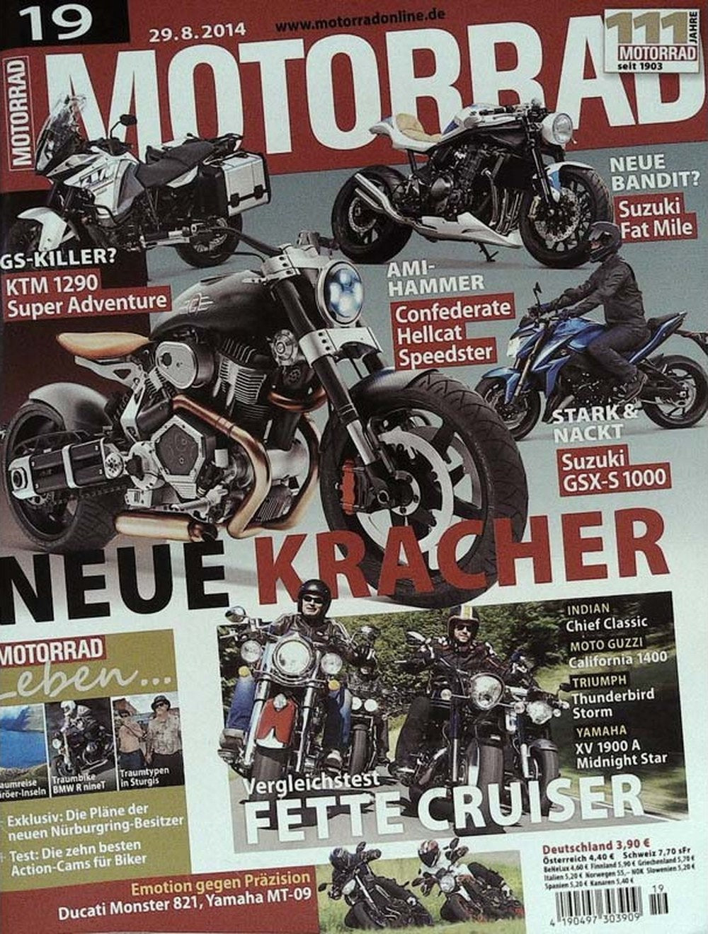 Motorrad Magazin Deutschland 2014-19 KTM 1290 Super Adventure Confederate Hellcat Speedster Suzuki GSX-S 1000 Suzuki Fat Mile Indian Chief Classic