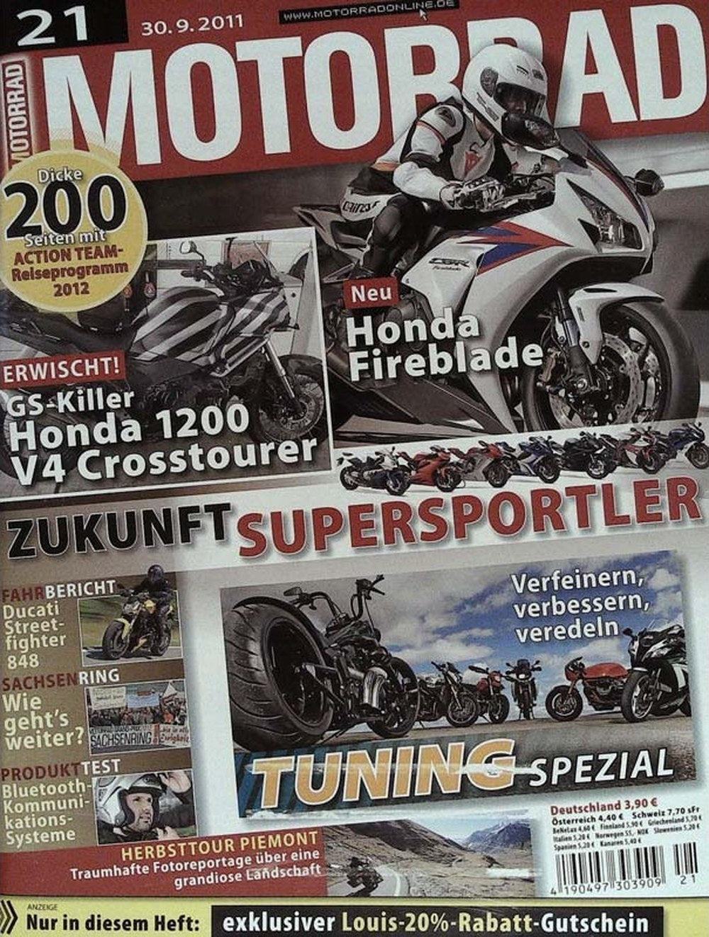 Motorrad Magazin Deutschland 2011-21 Honda Fireblade Honda 1200 V4 Crosstourer Ducati Streetfighter 848