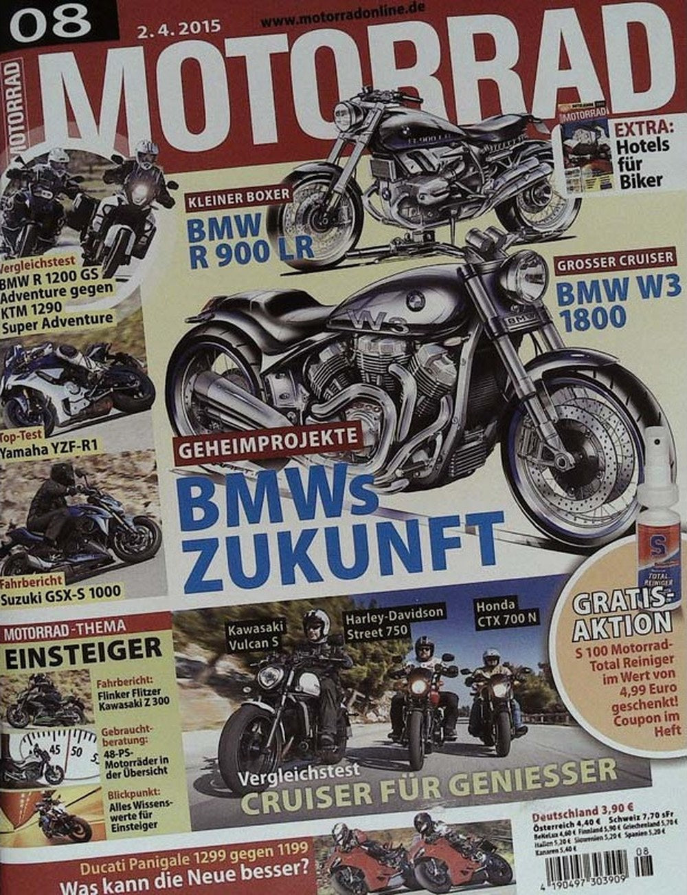 Motorrad Magazin Deutschland 2015-08 BMW Motorräder BMW R 900 LR Konzept BMW W3 1800 Konzept