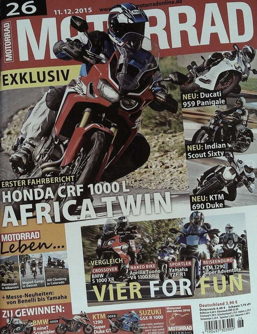Motorrad Magazin Deutschland 2015-26 Honda CRF 1000 L Africa Twin Ducati 959 Panigale Indian Scout Sixty