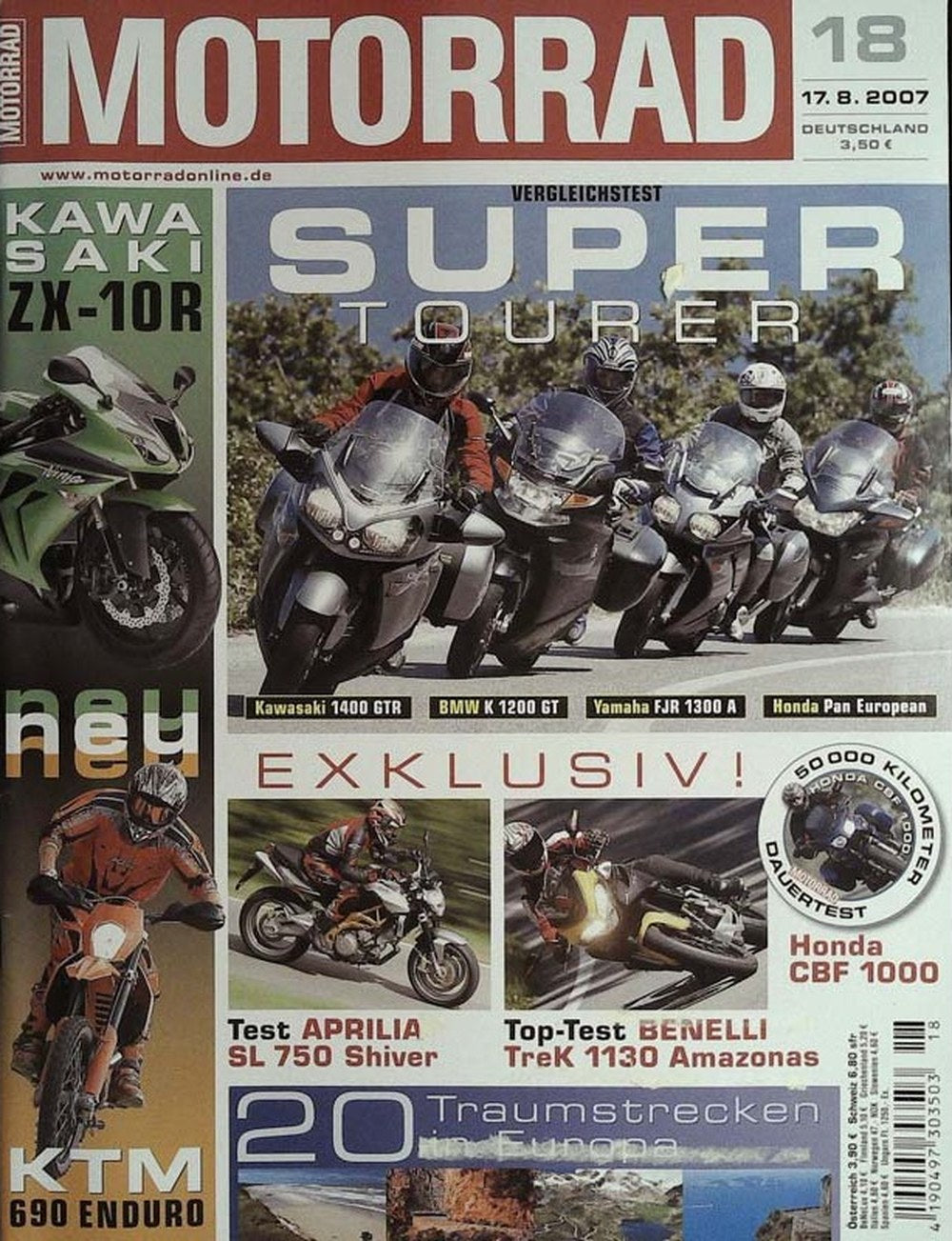 Motorrad Magazin Deutschland 2007-18 Kawasaki ZX-10R KTM 690 Enduro Kawasaki 1400 GTR BMW K 1200 GT Yamaha FJR 1300 A