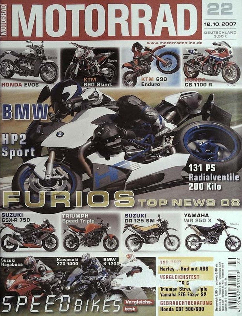 Motorrad Magazin Deutschland 2007-22 BMW HP2 Sport Honda EVO6 KTM 690 Stunt