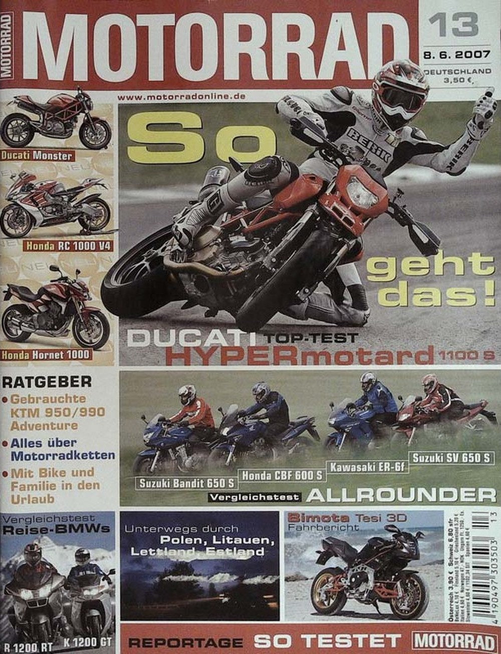 Motorrad Magazin Deutschland 2007-13 Ducati Hypermotard 1100 S Ducati Monster Honda RC 1000 V4
