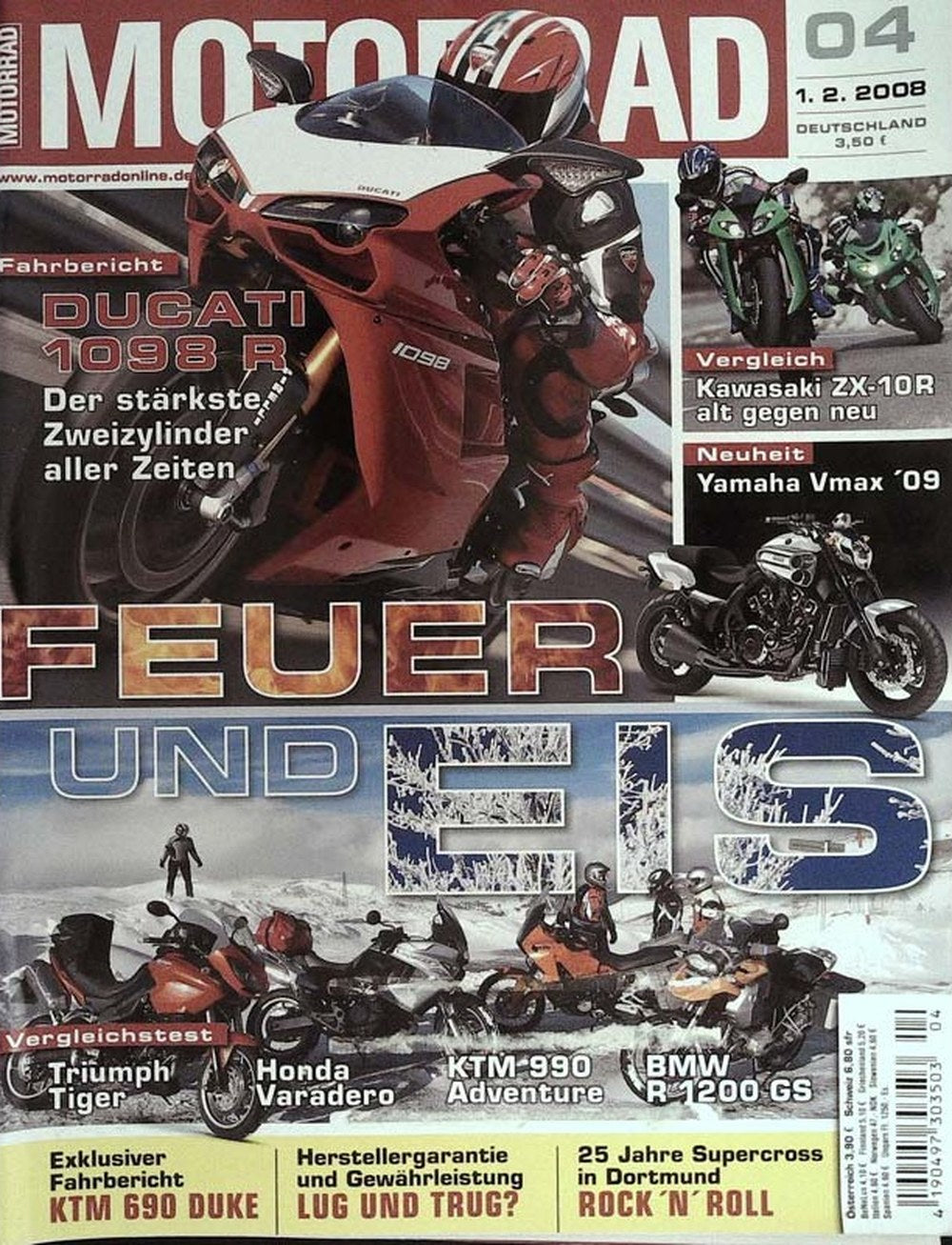 Motorrad Magazin Deutschland 2008-04 Ducati 1098 R Kawasaki ZX-10R Yamaha Vmax KTM 690 Duke Triumph Tiger