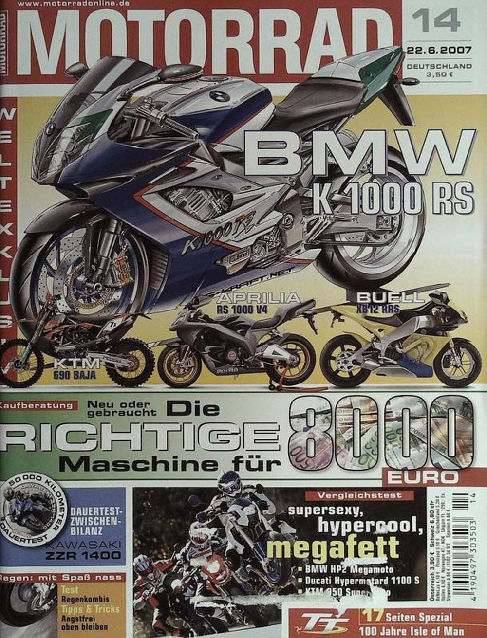 Motorrad Magazin Deutschland 2007-14 BMW K 1000 RS Aprilia RS 1000 V4 Buell XB 12 HRS