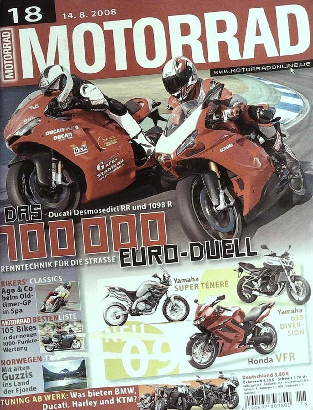 Motorrad Magazin Deutschland 2008-18 Ducati Desmosedici RR Ducati 1098 R Yamaha Super Ténéré Yamaha 650 Diversion Honda VFR