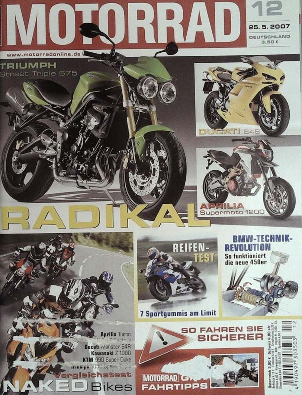 Motorrad Magazin Deutschland 2007-12 Triumph Street Triple 675 Ducati 848 Aprilia Supermoto 1200