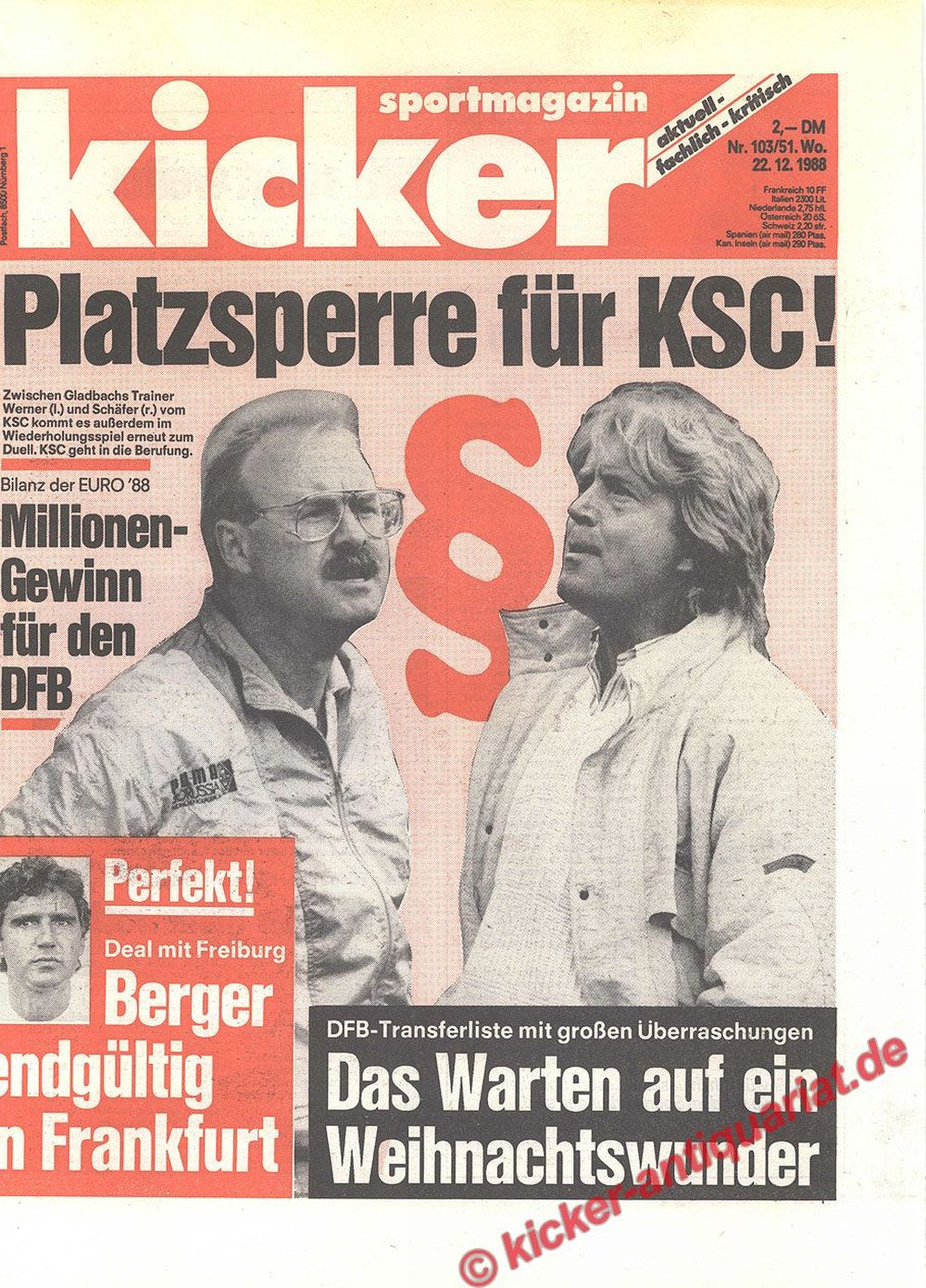 Kicker Magazin Deutschland 1988-103 Werner Schäfer Berger KSC DFB Borussia Mönchengladbach