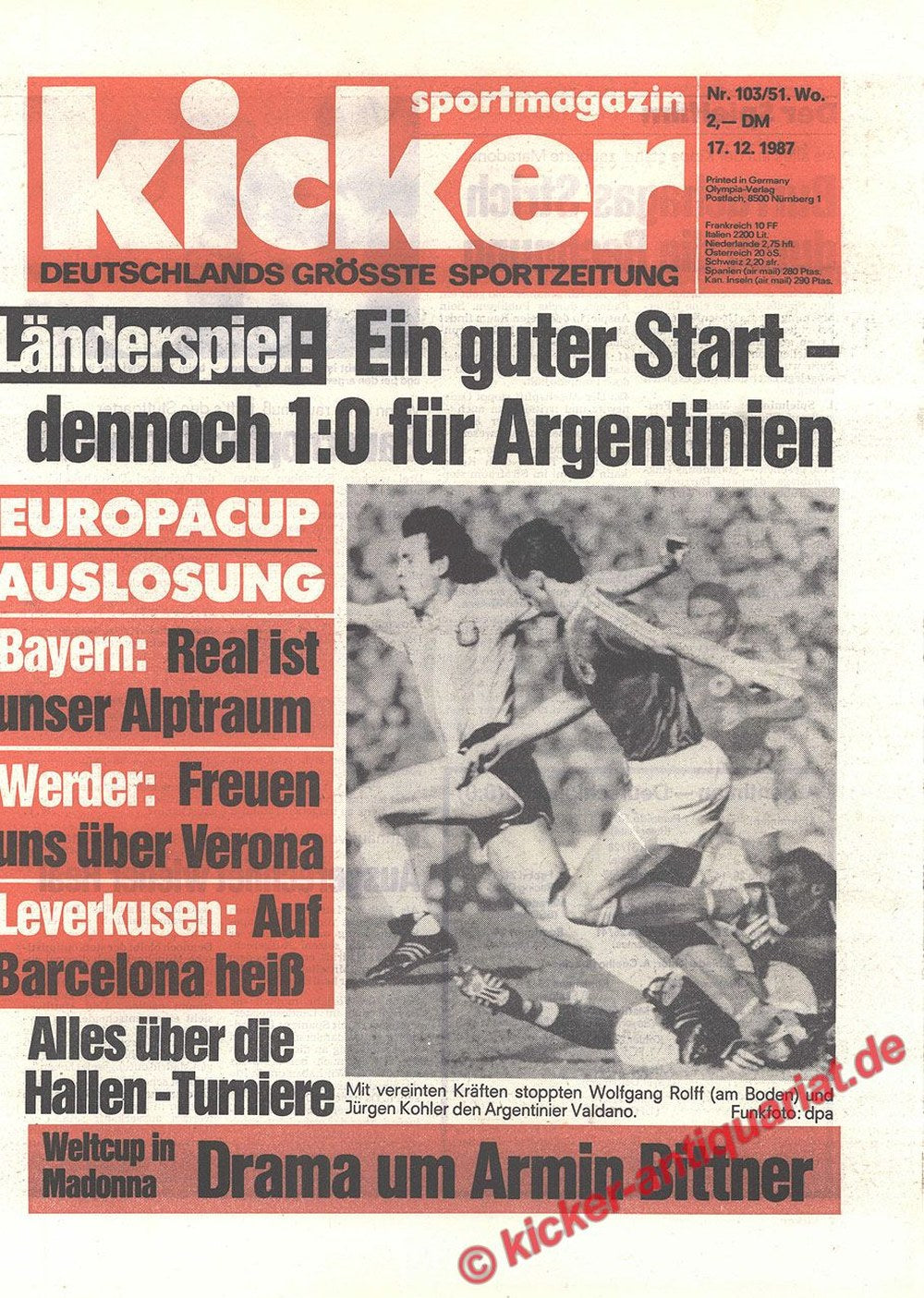 Kicker Lehti Saksa 1987 Wolfgang Rolff Jürgen Kohler Valdano Armin Bittner Bayern Munich Alkuperäinen painos