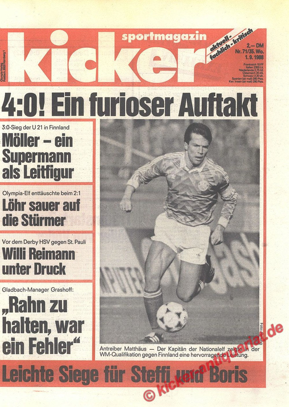 Kicker Magazin Deutschland 1988-71 Lothar Matthäus Andreas Möller Willi Reimann Uwe Rahn Steffi Graf