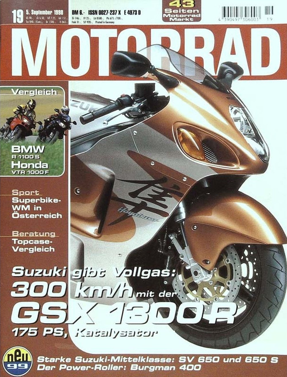 Motorrad Magazin Deutschland 1998-19 Suzuki GSX 1300R Hayabusa BMW R 1100 S Honda VTR 1000 F