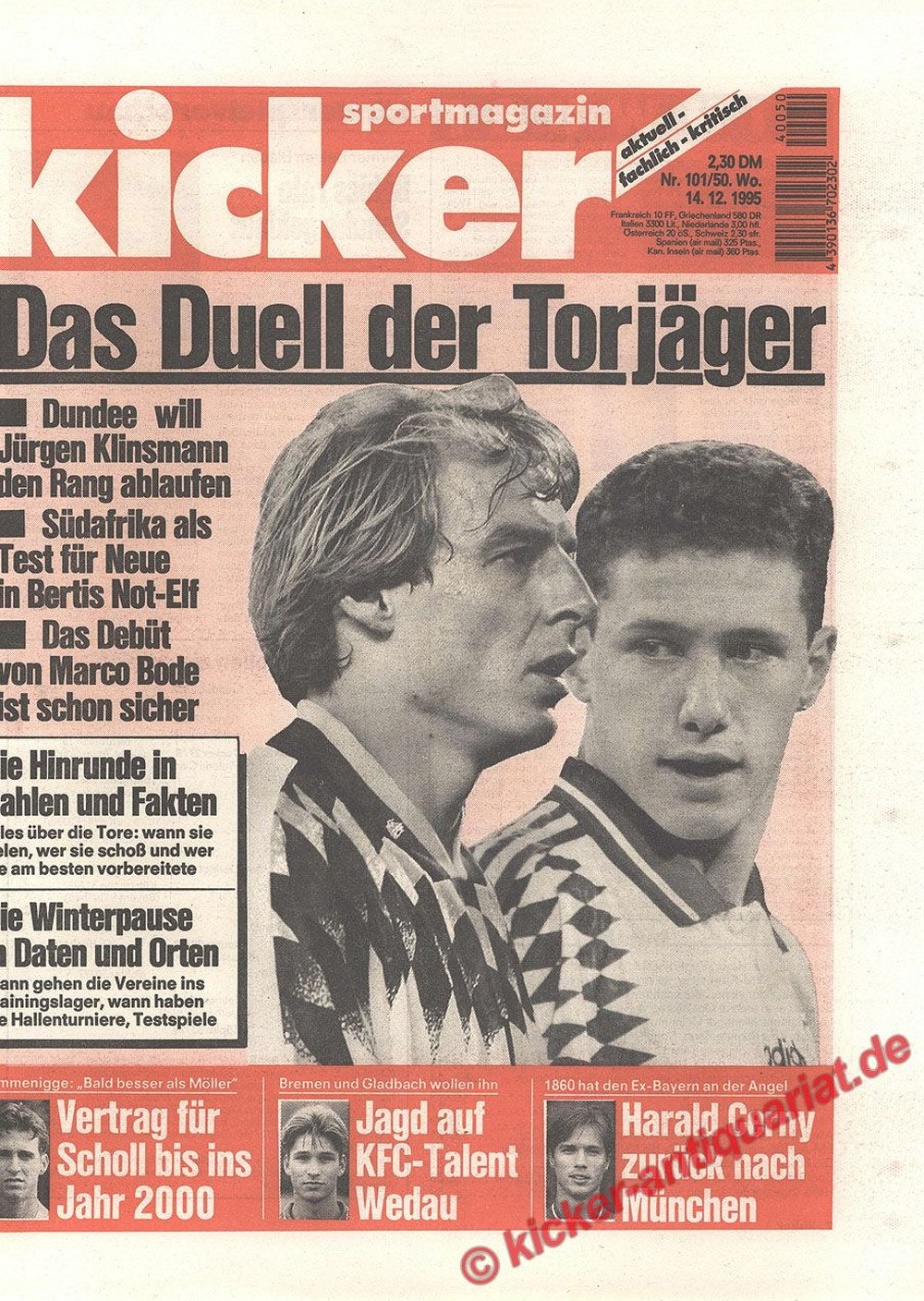 Kicker Magazin Deutschland 1995-101 Jürgen Klinsmann Heiko Herrlich Marco Bode Mehmet Scholl Harald Cerny