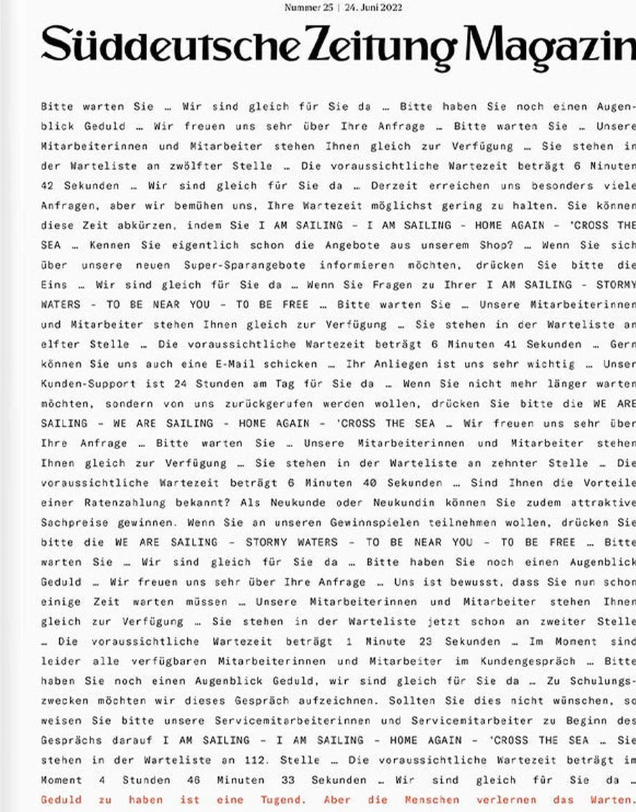 Süddeutsche Zeitung Magazin Deutschland 2022-25 Warteschleifenmusik Kundenservice-Wartezeiten Callcenter-Erfahrung