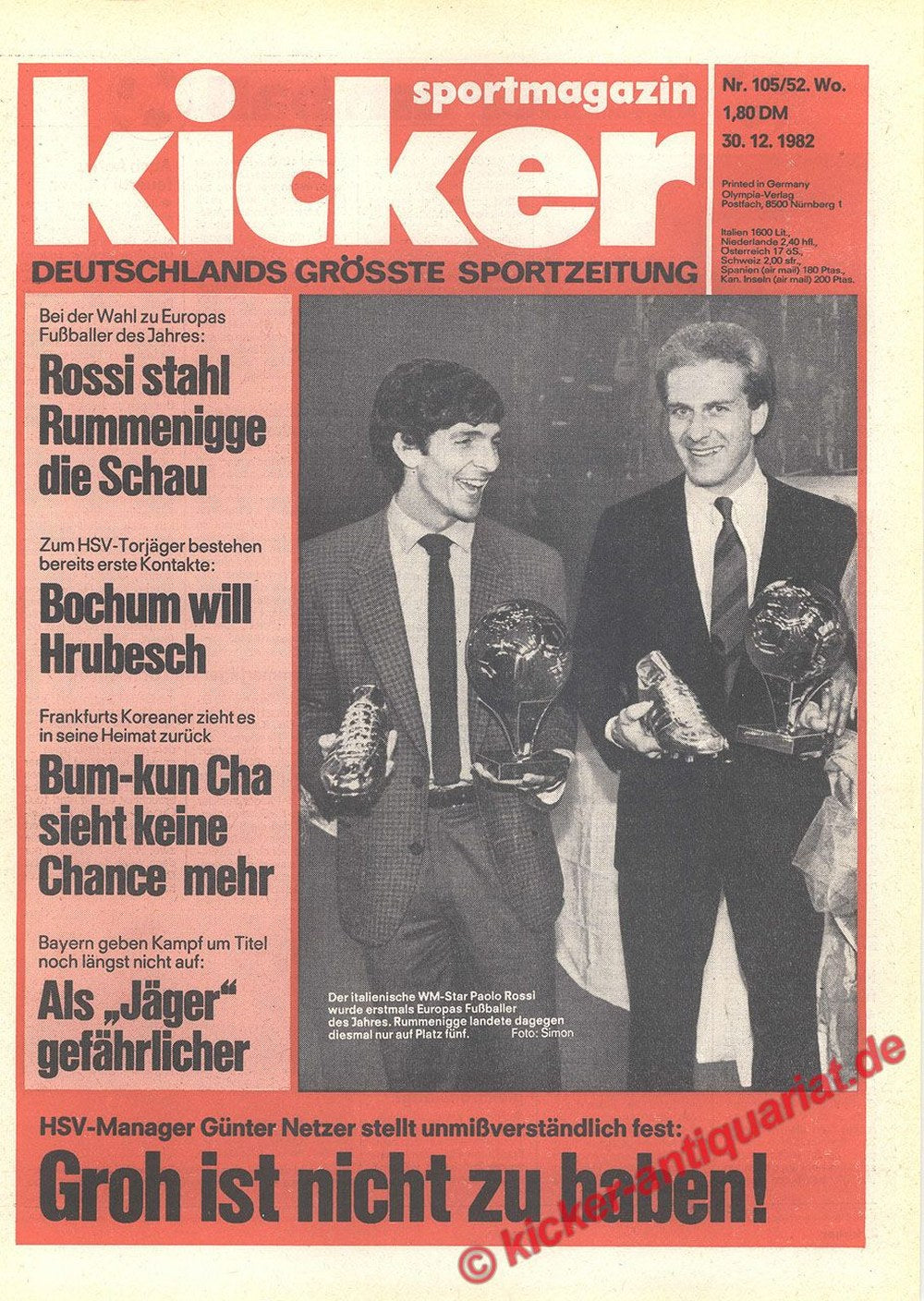 Kicker Lehti Saksa 1982 Paolo Rossi Karl-Heinz Rummenigge Horst Hrubesch Bum-kun Cha Günter Netzer Alkuperäinen painos