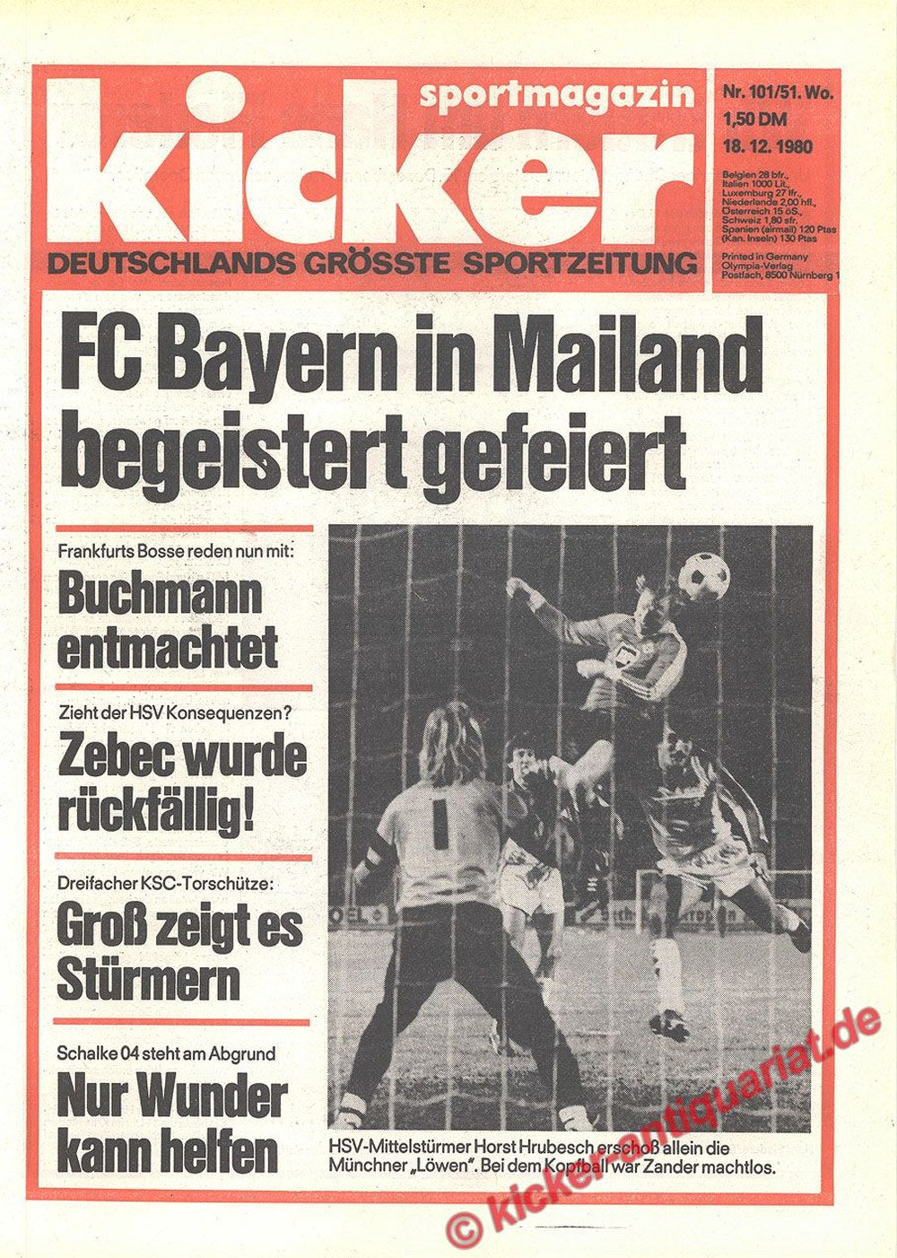 Kicker Tijdschrift Duitsland 1980 Horst Hrubesch Zander FC Bayern Munich Hamburger SV Schalke 04 Originele uitgave