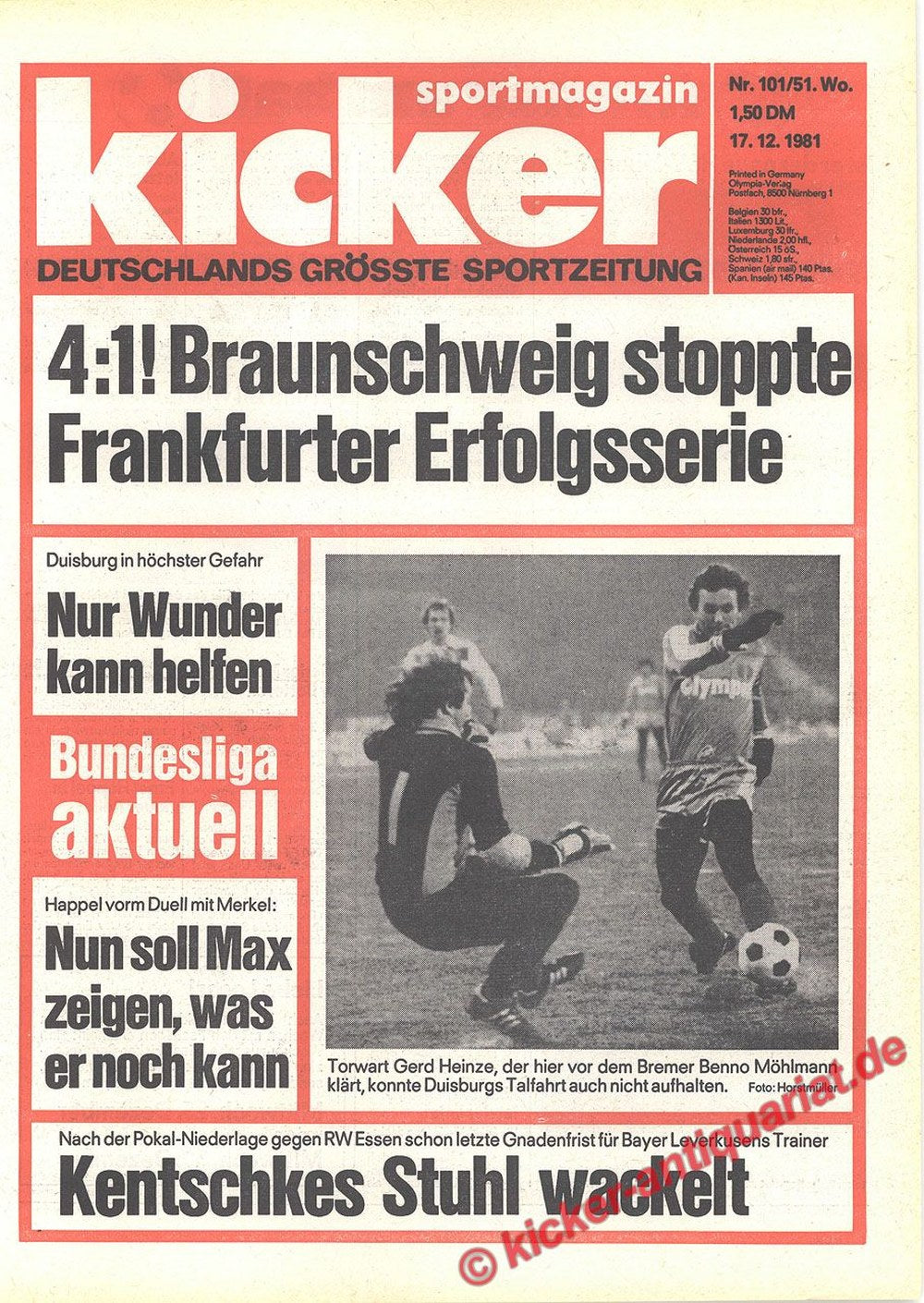 Kicker Magazin Deutschland 1981-101 Gerd Heinze Benno Möhlmann Max Merkel Ernst Happel Kentschke
