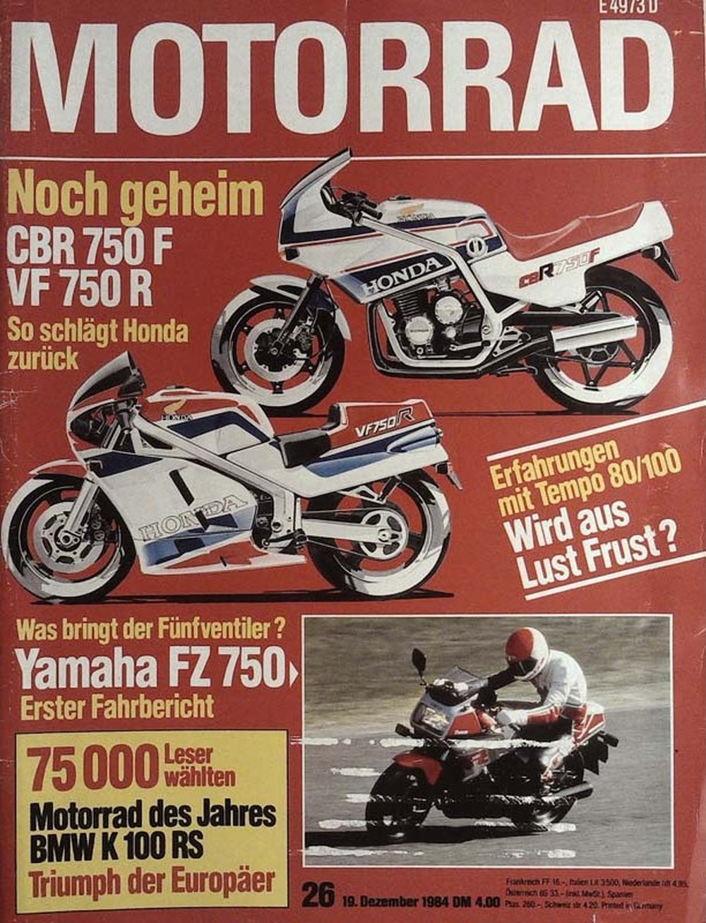 Motorrad Magazin Deutschland 1984-26 Honda CBR 750 F Honda VF 750 R Yamaha FZ 750