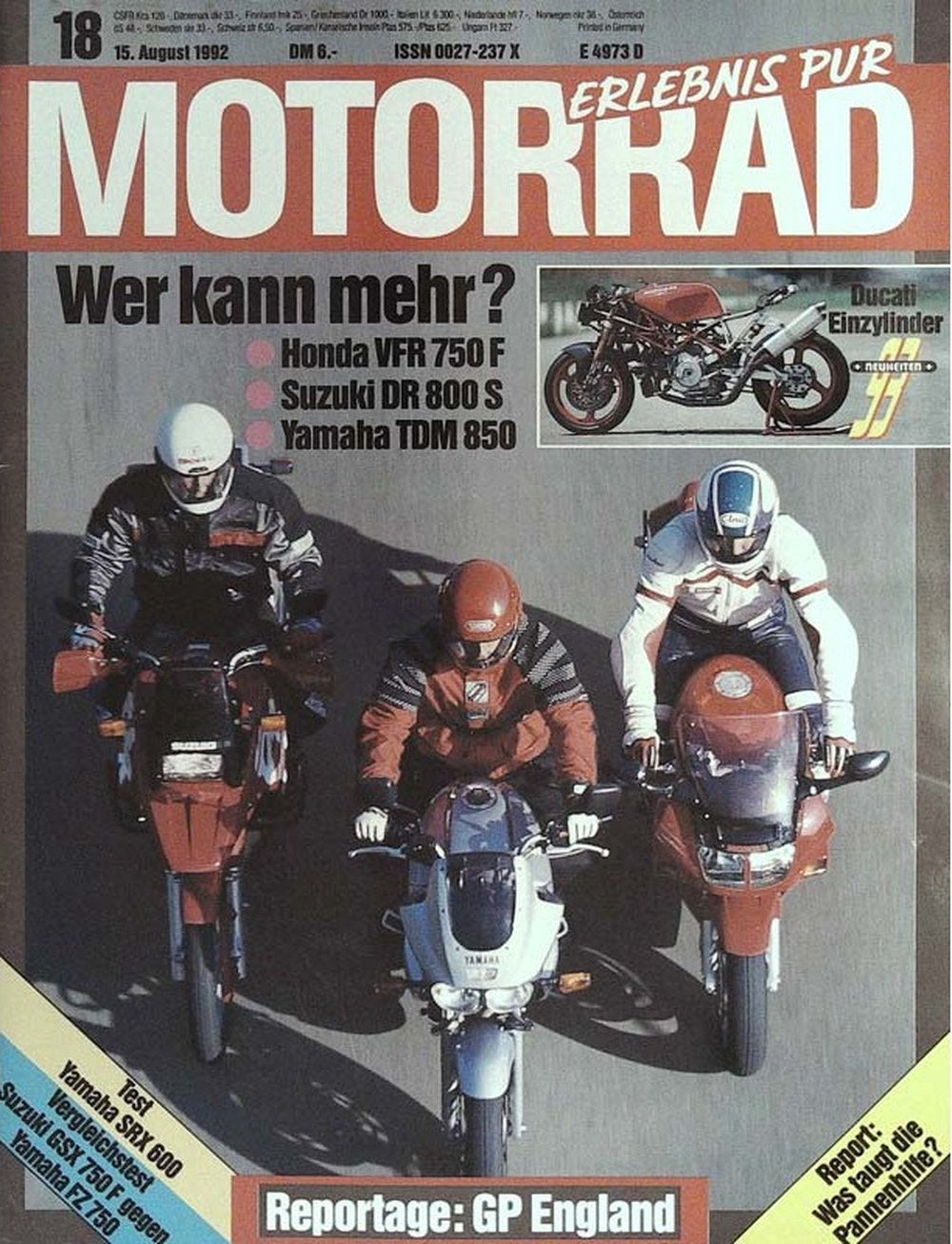 Motorrad Magazin Deutschland 1992-18 Honda VFR 750 F Suzuki DR 800 S Yamaha TDM 850