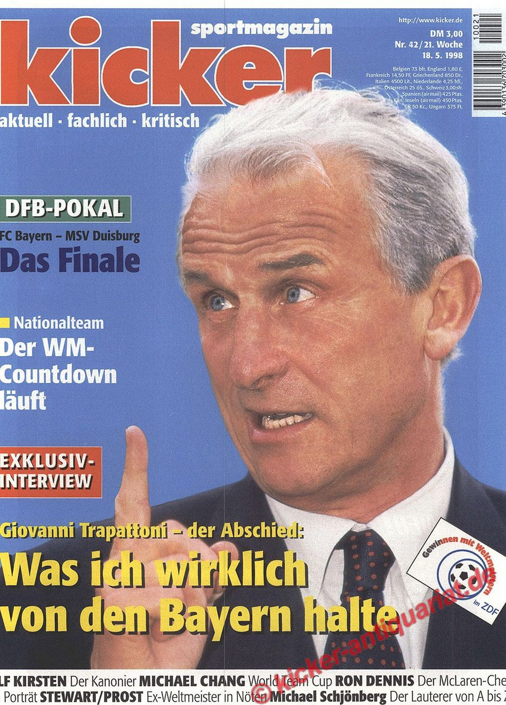 Kicker Magazin Deutschland 1998-42 Giovanni Trapattoni Ulf Kirsten Michael Chang Ron Dennis Michael Schönberg