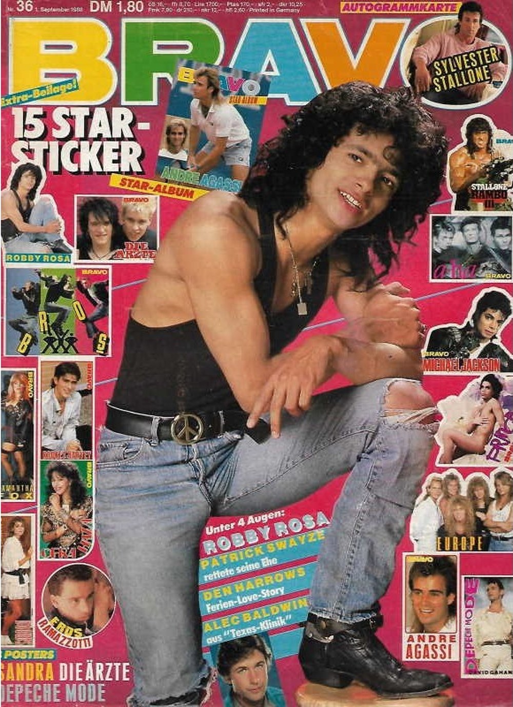 Bravo Magazin Deutschland 1988-36 Robby Rosa Sylvester Stallone Michael Jackson Patrick Swayze Alec Baldwin