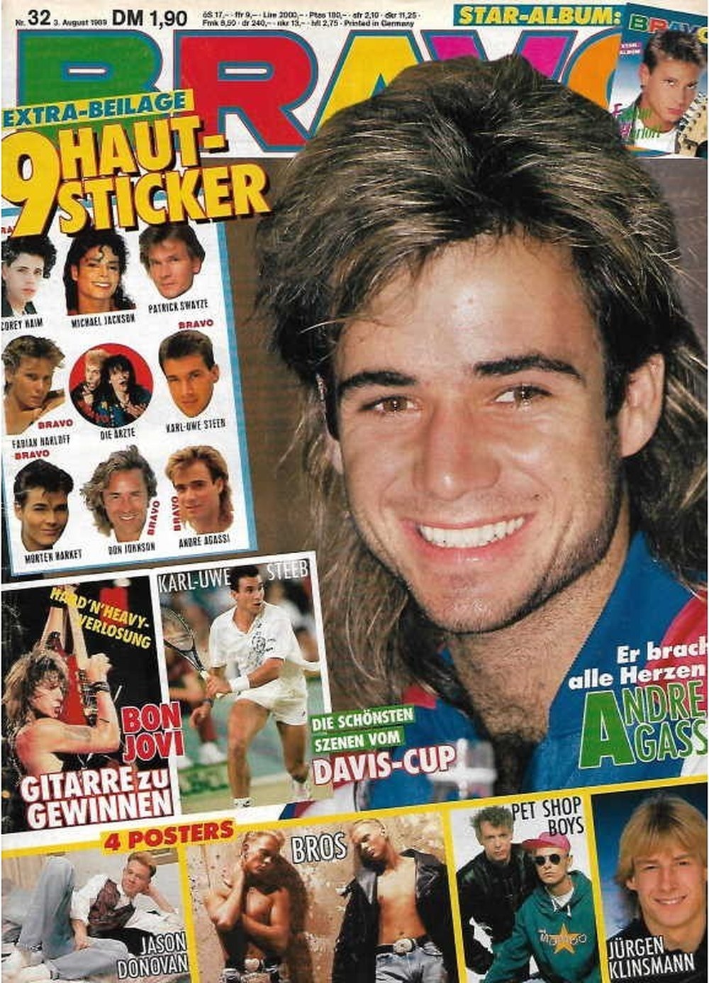 Bravo Magazin Deutschland 1989-32 Andre Agassi Bon Jovi Karl-Uwe Steen Jason Donovan Jürgen Klinsmann