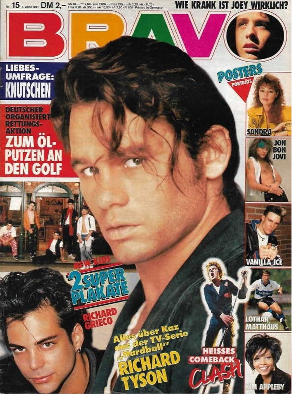 Bravo Magazin Deutschland 1991-15 Richard Tyson Richard Grieco New Kids On The Block Sandra Jon Bon Jovi