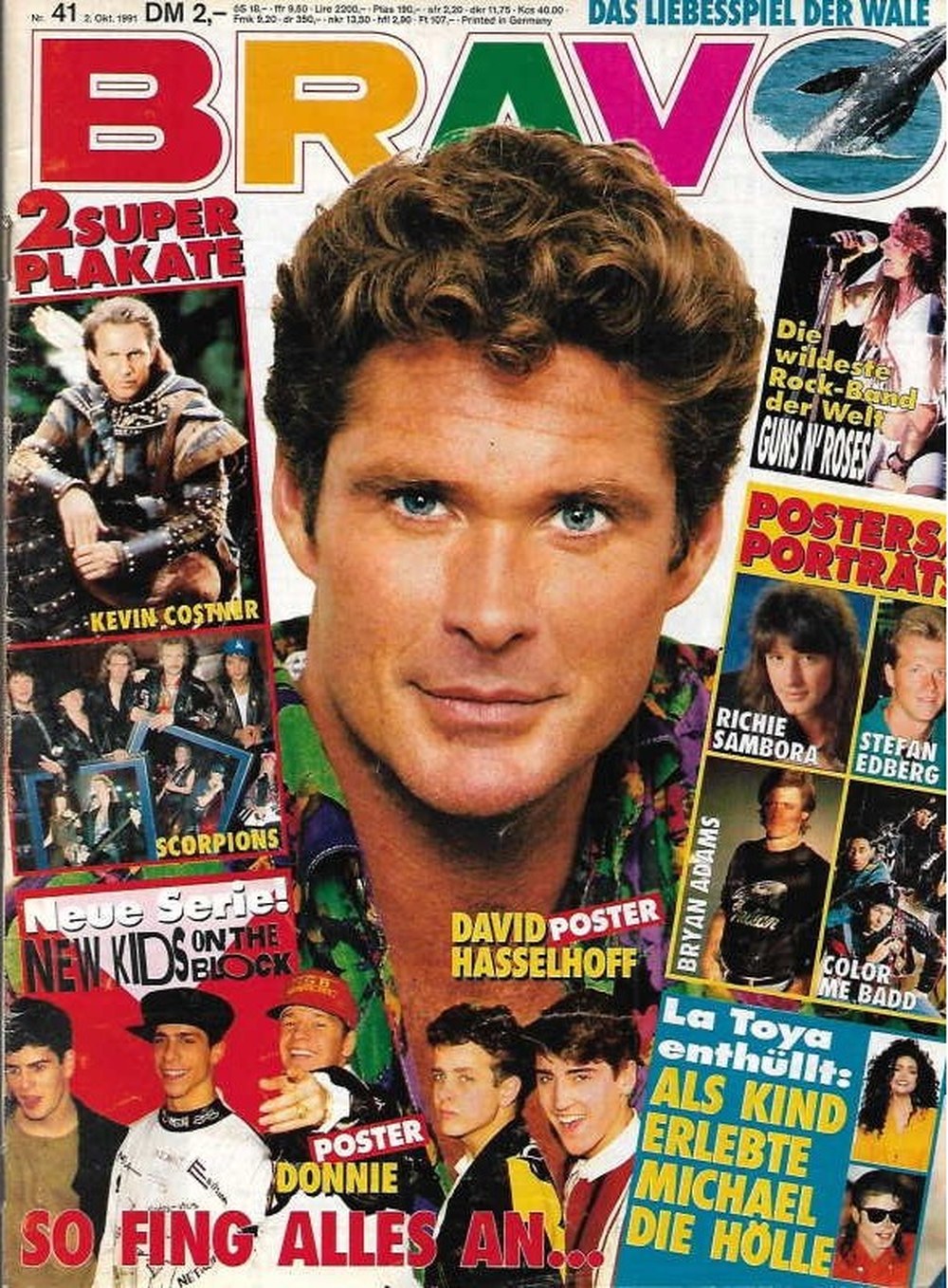 Bravo Magazin Deutschland 1991-41 David Hasselhoff Kevin Costner Donnie Wahlberg Richie Sambora Stefan Edberg