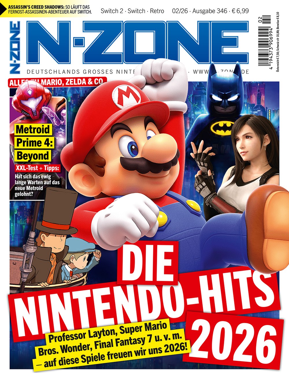 N-Zone Magazin Deutschland 2026-02 Mario Professor Layton Tifa Lockhart Batman Samus Aran