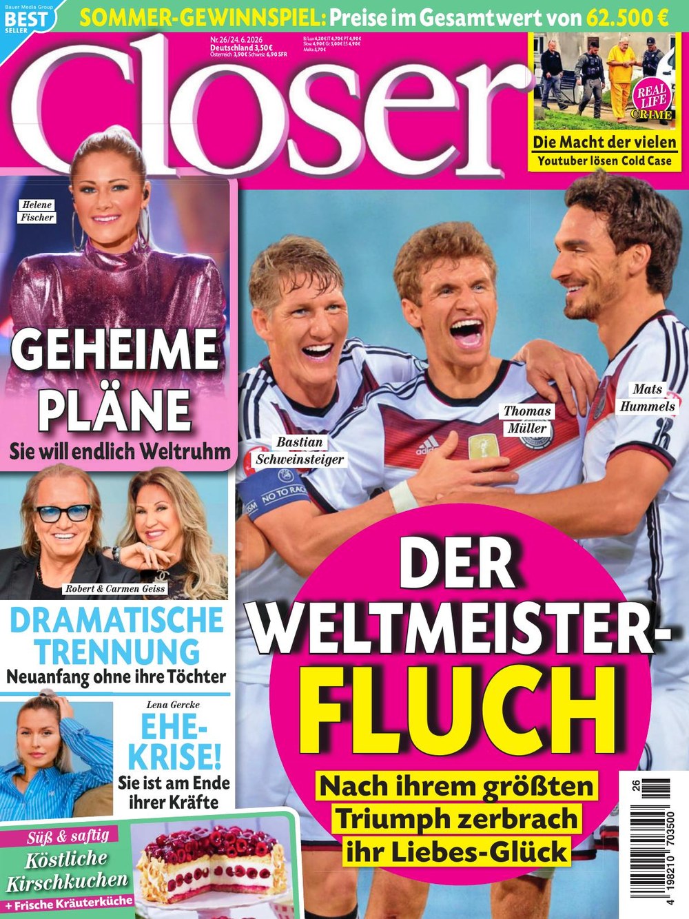 Closer Tijdschrift Duitsland 2026-26 Bastian Schweinsteiger Thomas Müller Mats Hummels Helene Fischer Robert Geiss Originele uitgave