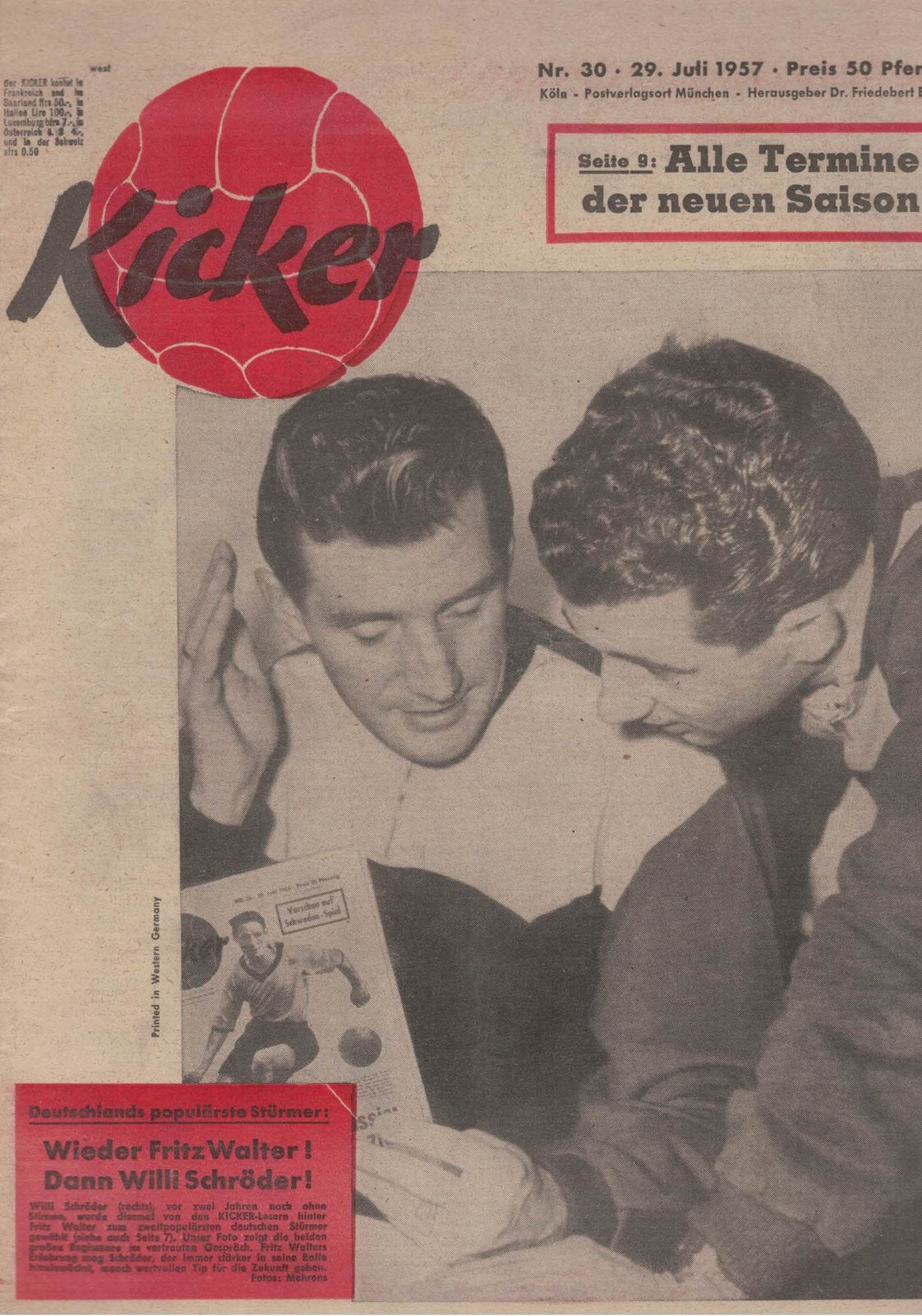 Kicker Magazin Deutschland 1957-30 Fritz Walter Willi Schröder
