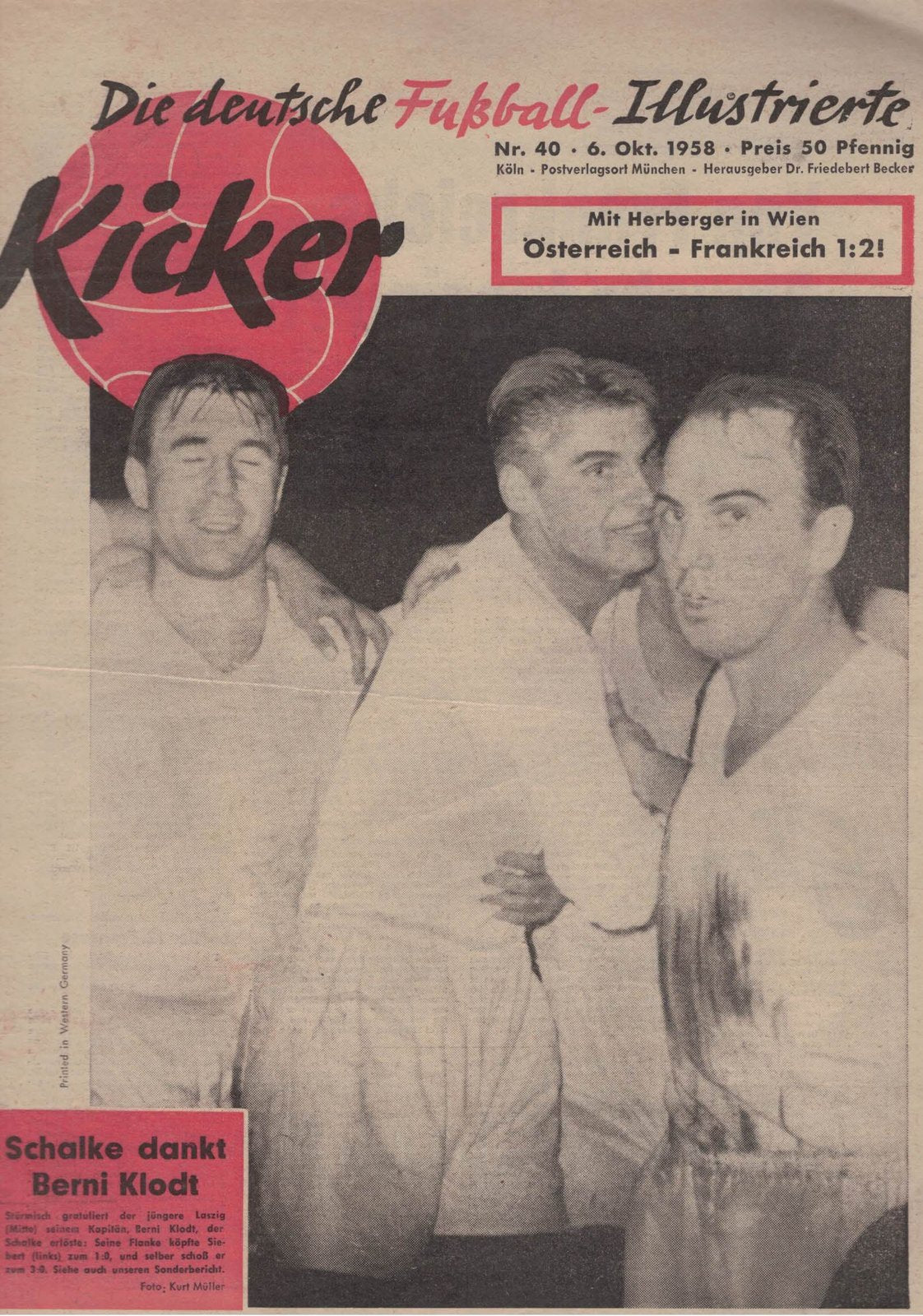 Kicker Magazin Deutschland 1958-40 Berni Klodt Sepp Herberger FC Schalke 04