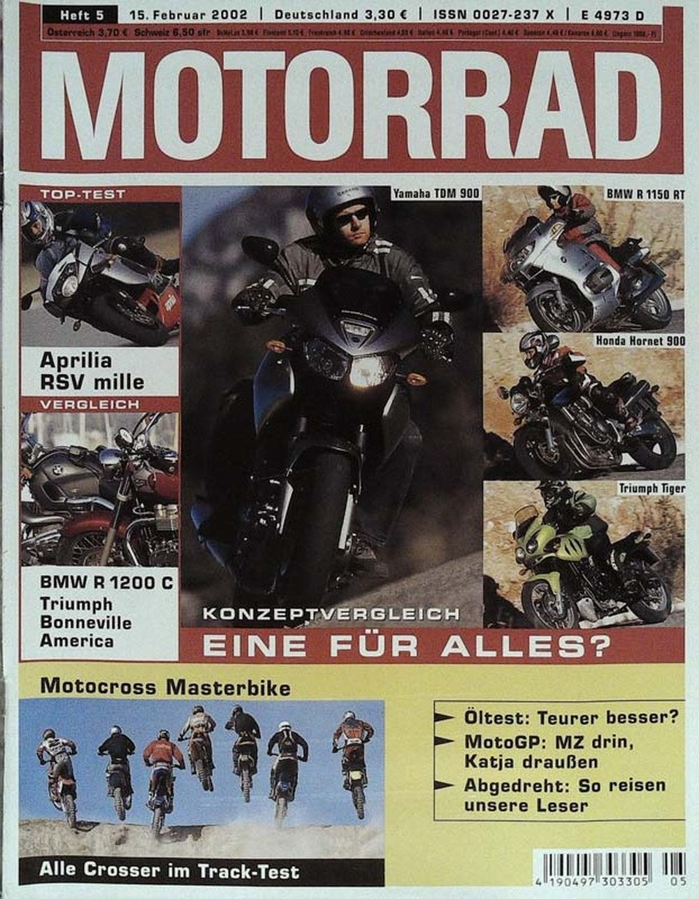 Motorrad Magazin Deutschland 2002-05 Yamaha TDM 900 BMW R 1150 RT Honda Hornet 900