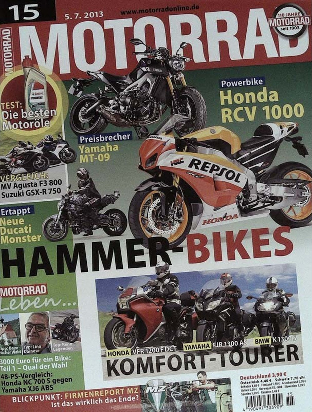 Motorrad Magazin Deutschland 2013-15 Honda RCV 1000 Yamaha MT-09 MV Agusta F3 800 Suzuki GSX-R 750 Ducati Monster