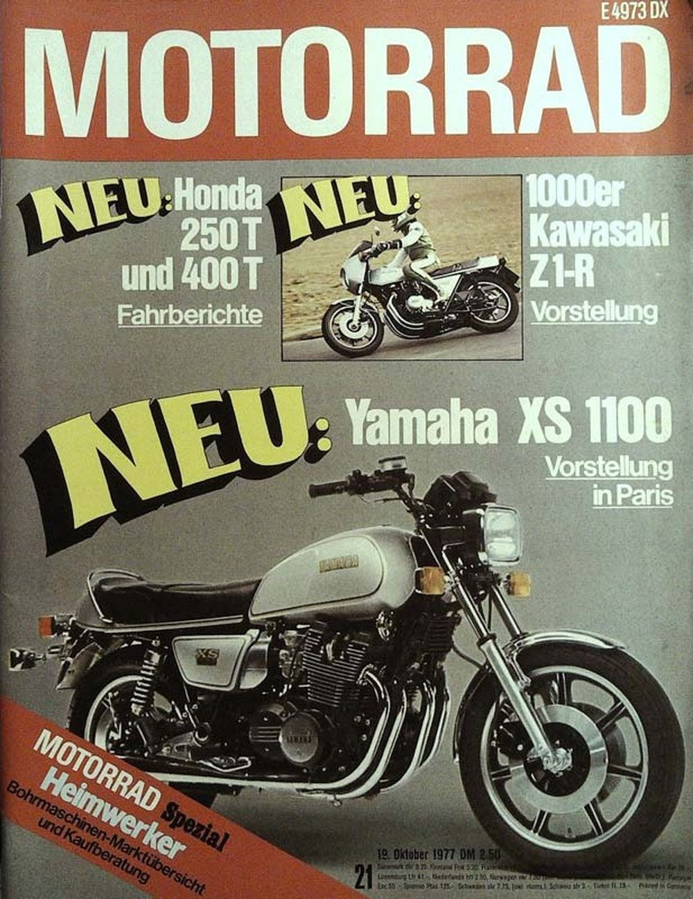 Das Motorrad + Der Roller Magazin Deutschland 1977-21 Honda 250T Honda 400T Kawasaki Z1-R 1000er