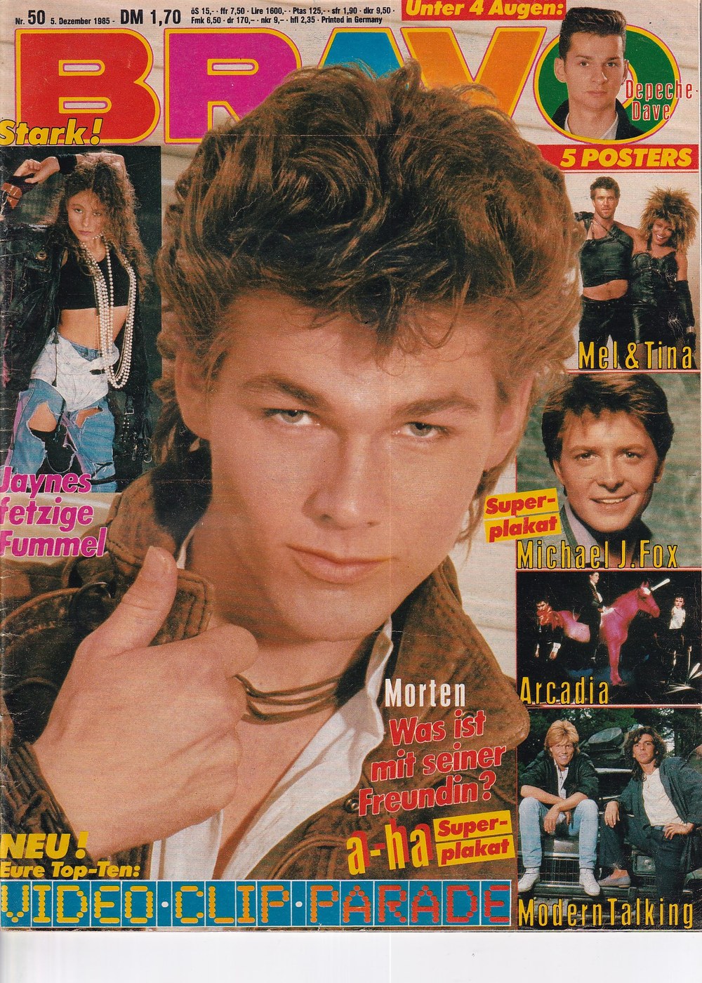 Bravo Rivista Germania 1985-50 – Morten Harket Michael J. Fox Jayne Kennedy Tina Turner Mel Gibson – Edizione originale