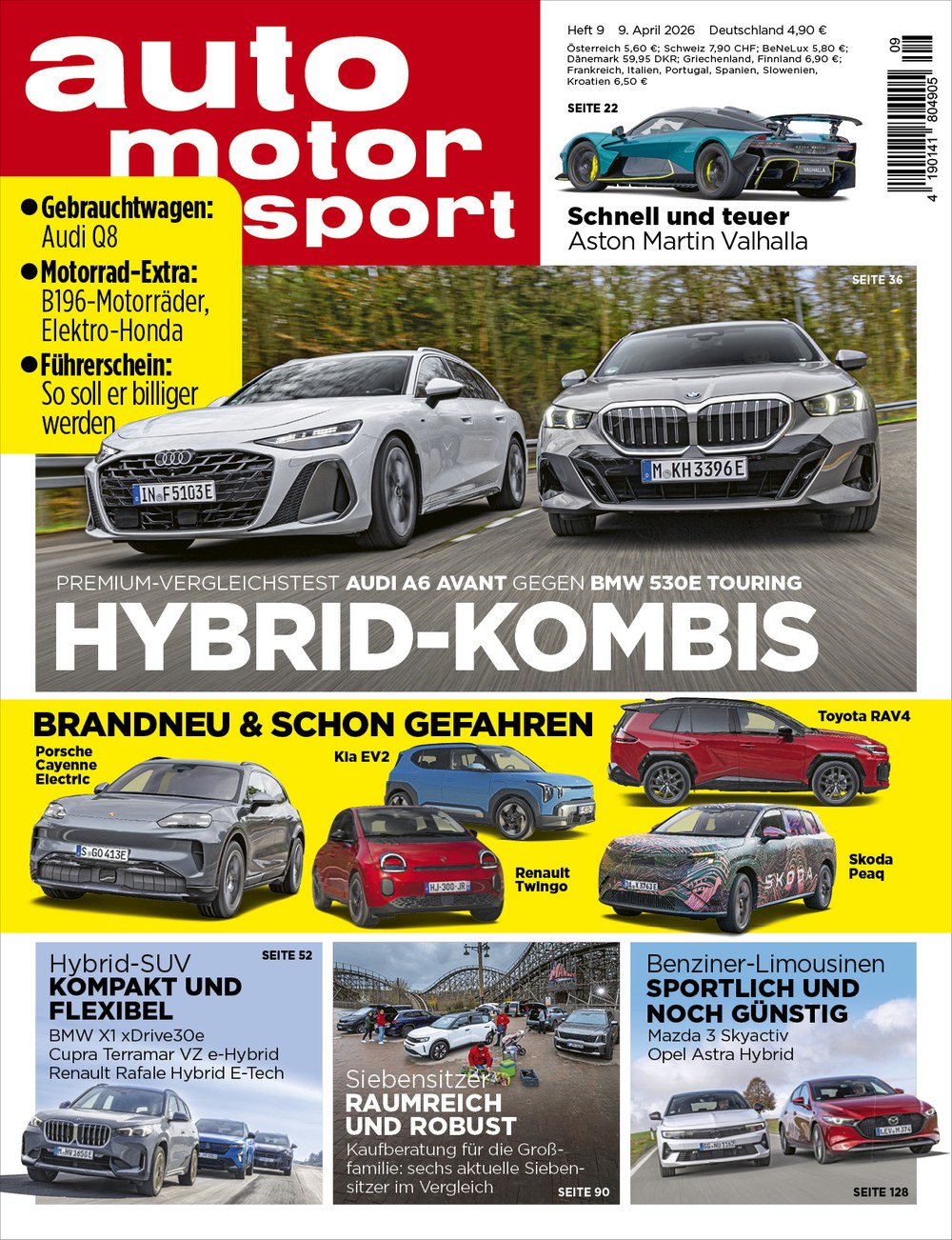 Auto Motor Und Sport Magasin Tyskland 2026-09 Hybrid-Kombis Audi A6 Avant BMW 530e Touring Originaludgave