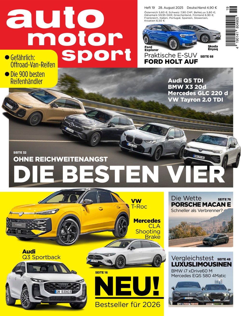 Auto Motor Und Sport Rivista Germania 2025-19 Audi Q5 TDI BMW X3 20d Mercedes GLC 220 D Edizione originale