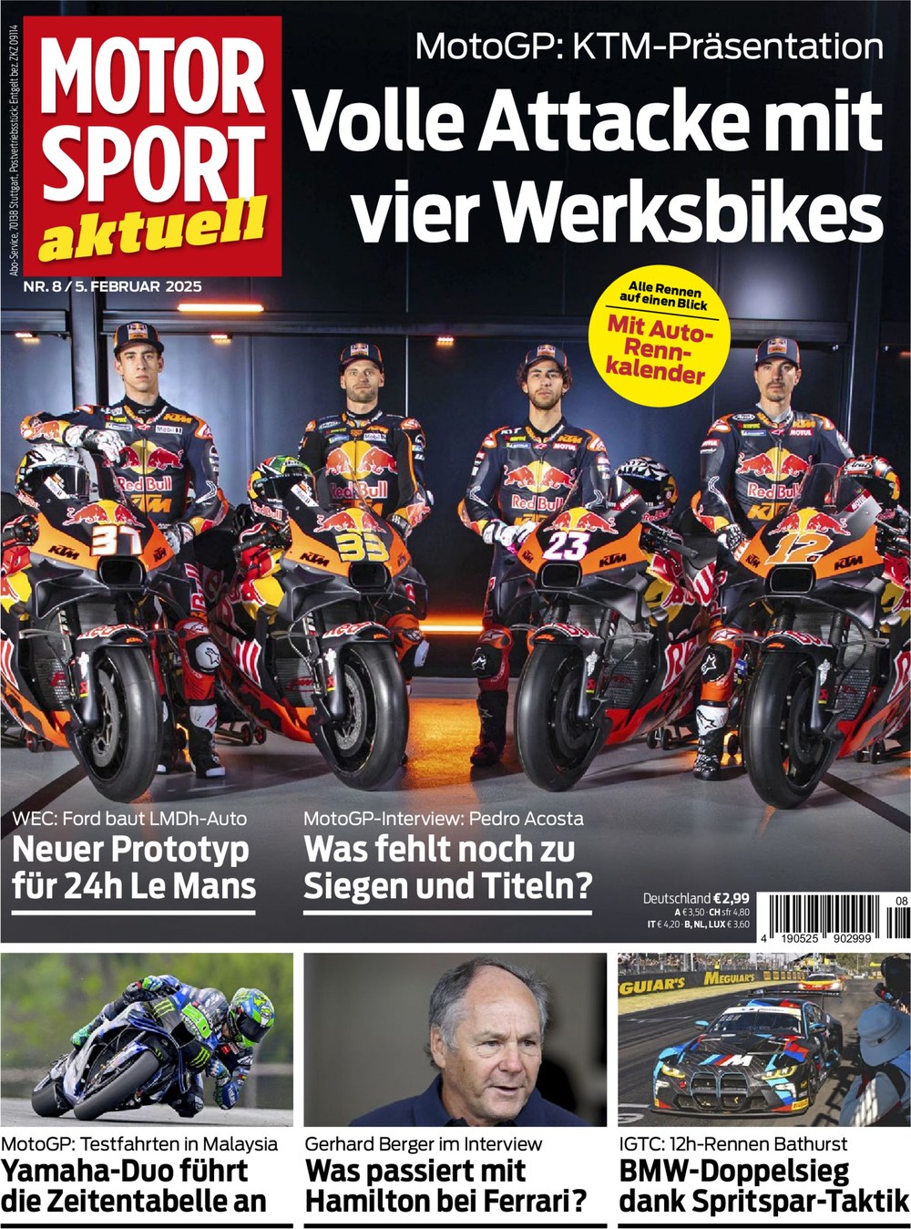 Motorsport Aktuell Magazine Allemagne 2025-08 Pedro Acosta Brad Binder Jack Miller Augusto Fernández Gerhard Berger Édition originale