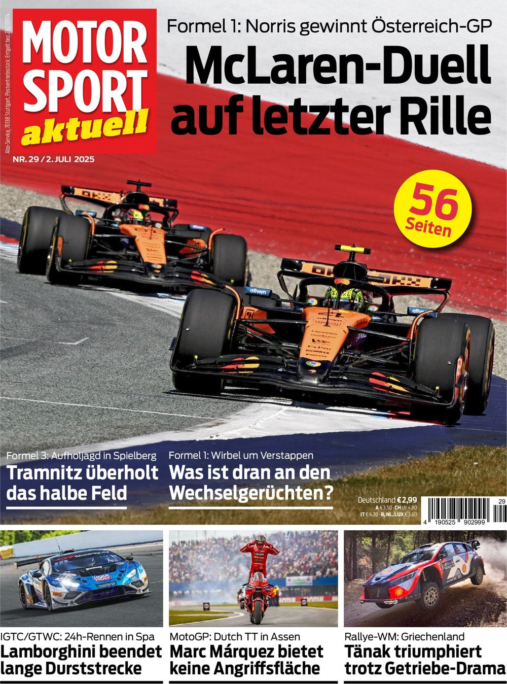 Motorsport Aktuell Magazine Germany 2025-29 Lando Norris Oscar Piastri Tim Tramnitz Max Verstappen Marc Márquez Original Print Issue