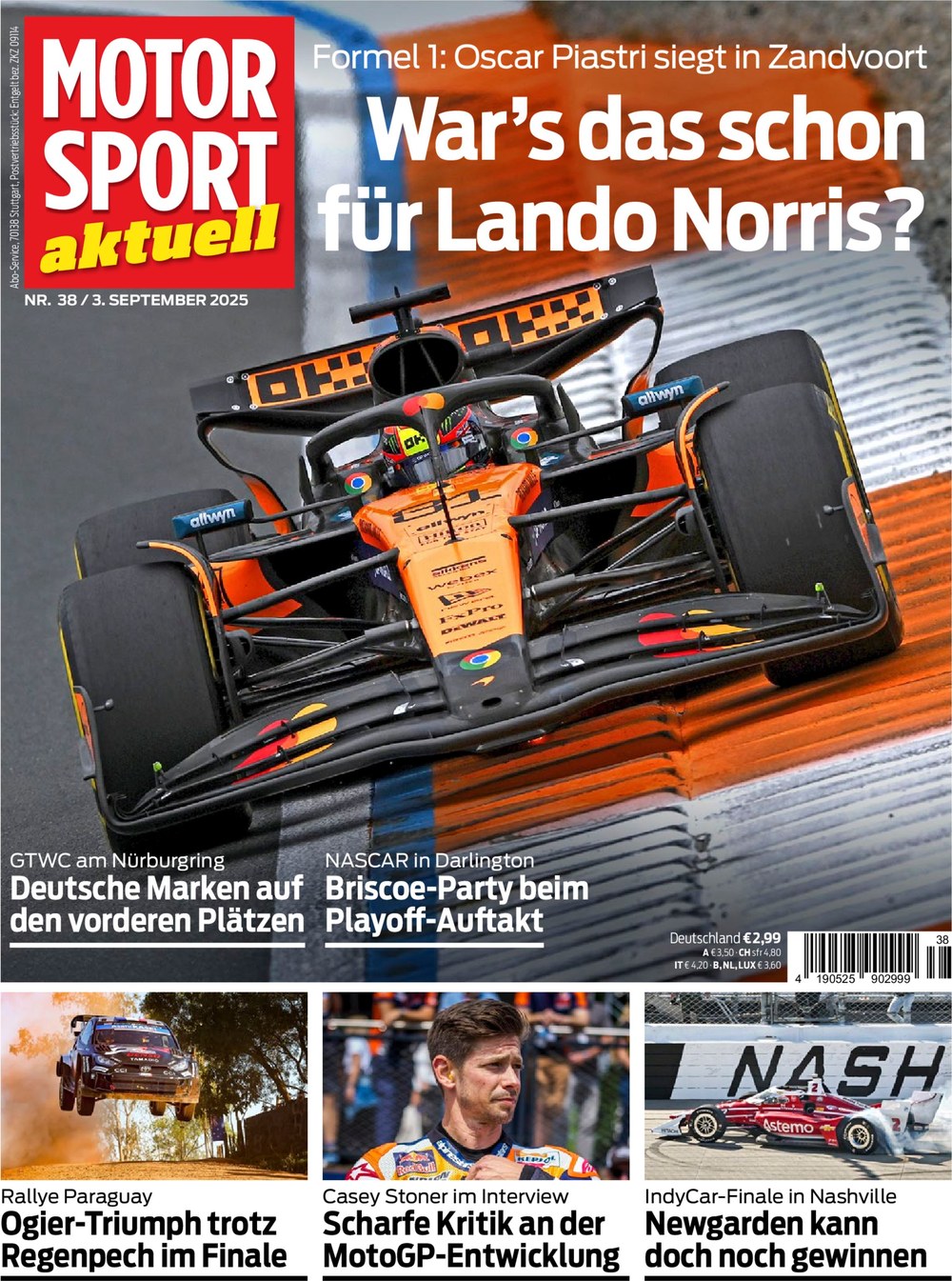 Motorsport Aktuell Magazin Deutschland 2025-38 Oscar Piastri Lando Norris Chase Briscoe Sébastien Ogier Casey Stoner