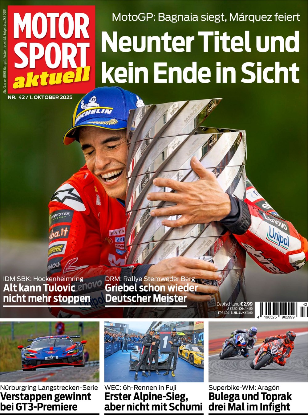 Motorsport Aktuell Magazine Germany 2025-42 Marc Márquez Francesco Bagnaia Max Verstappen Ilya Tulovic Florian Alt Original Print Issue