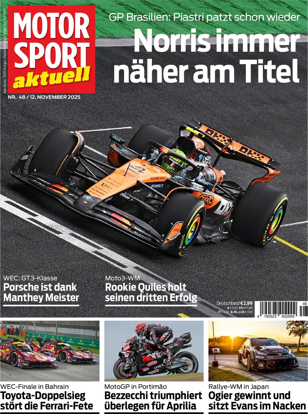Motorsport Aktuell Magazine Allemagne 2025-48 Lando Norris Oscar Piastri Marco Bezzecchi Sébastien Ogier Elfyn Evans Édition originale